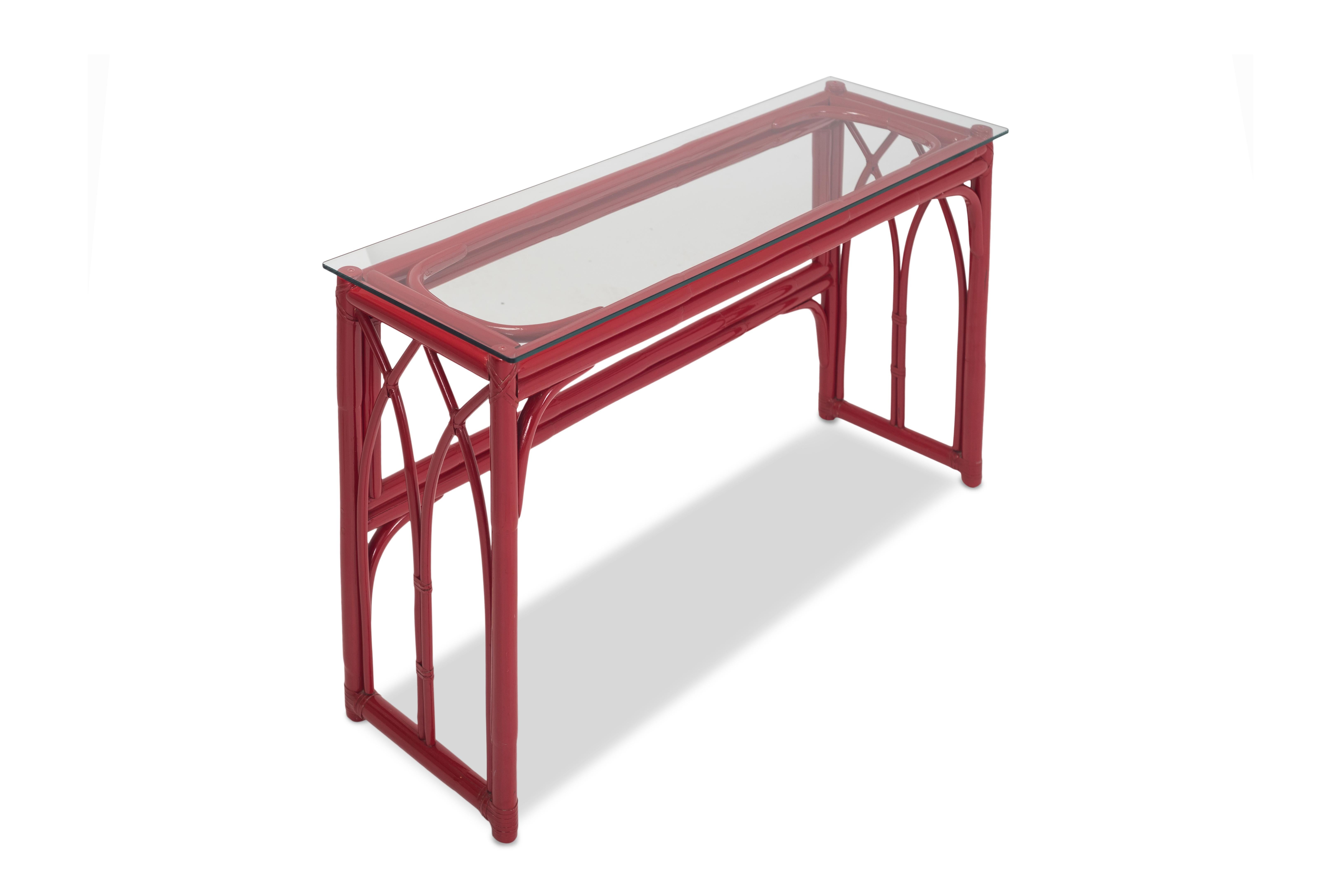Red Lacquer Bamboo console Table with Mirror 2