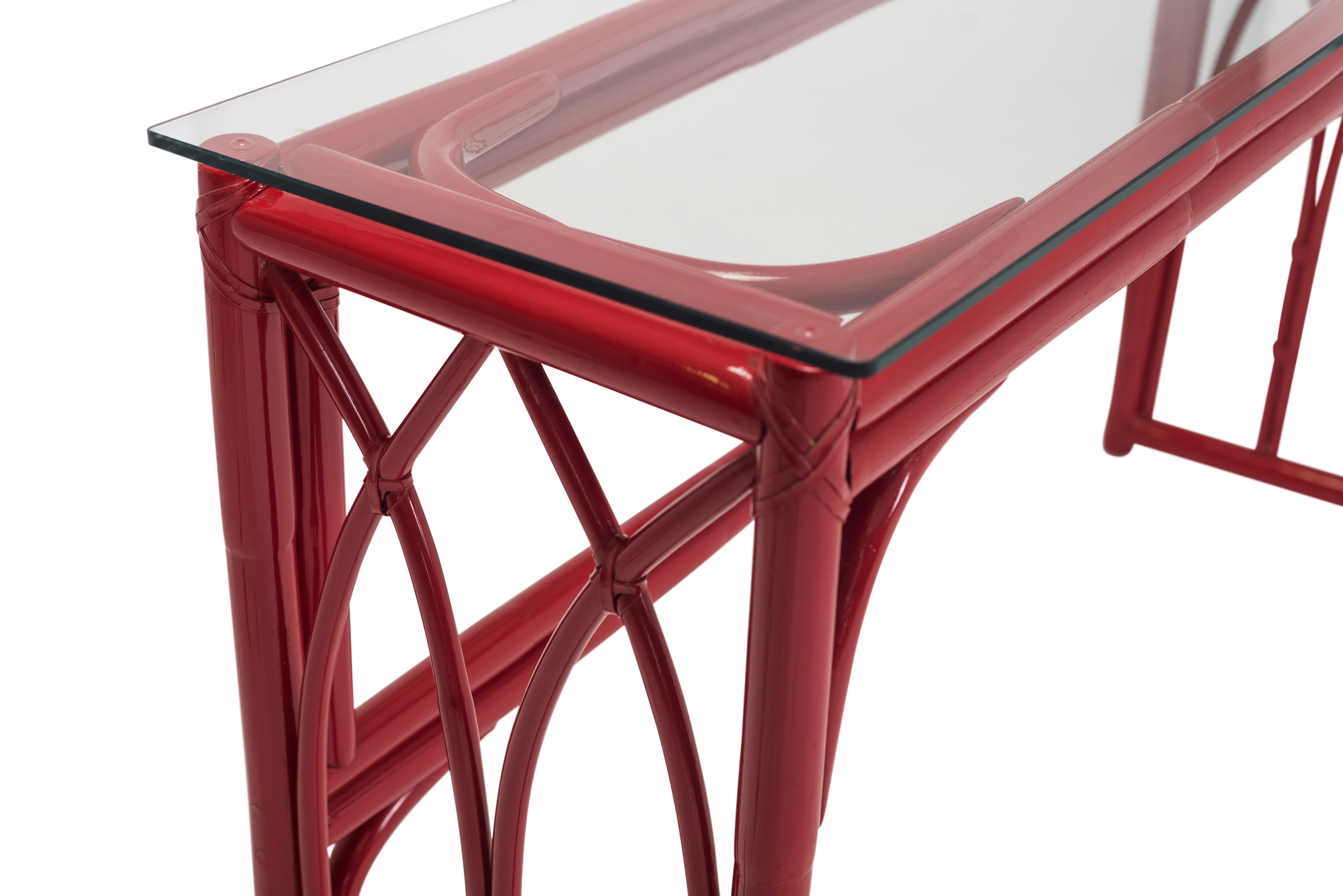 Red Lacquer Bamboo console Table with Mirror 3