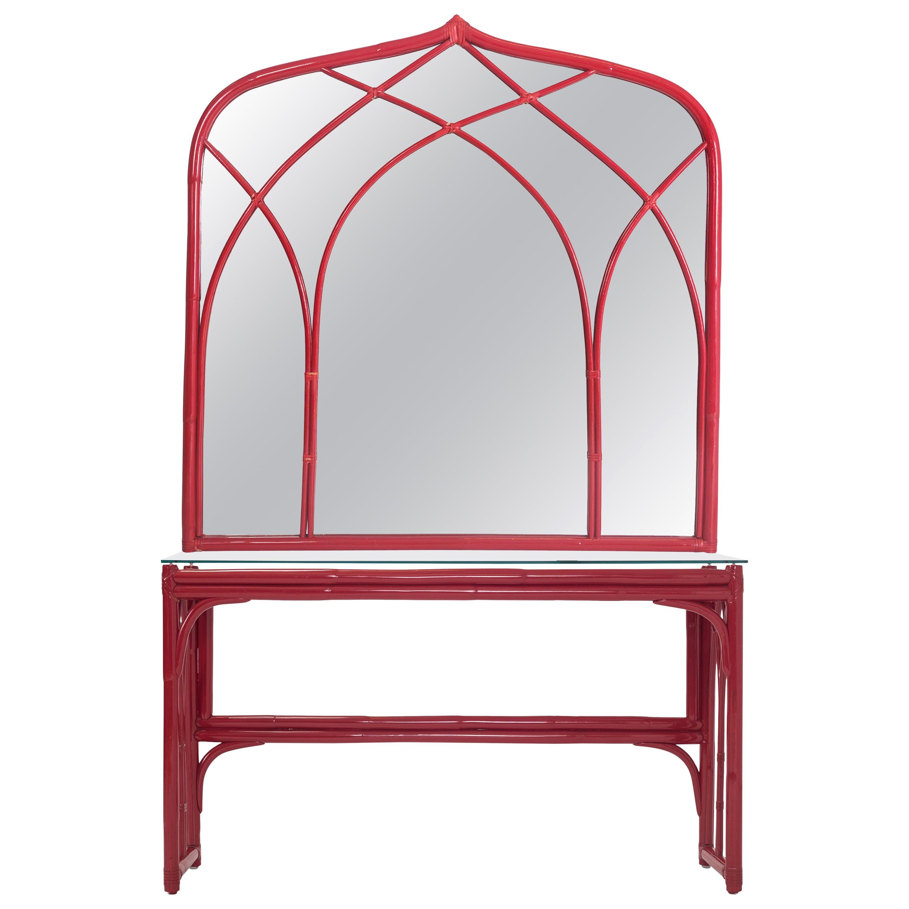 Red Lacquer Bamboo console Table with Mirror