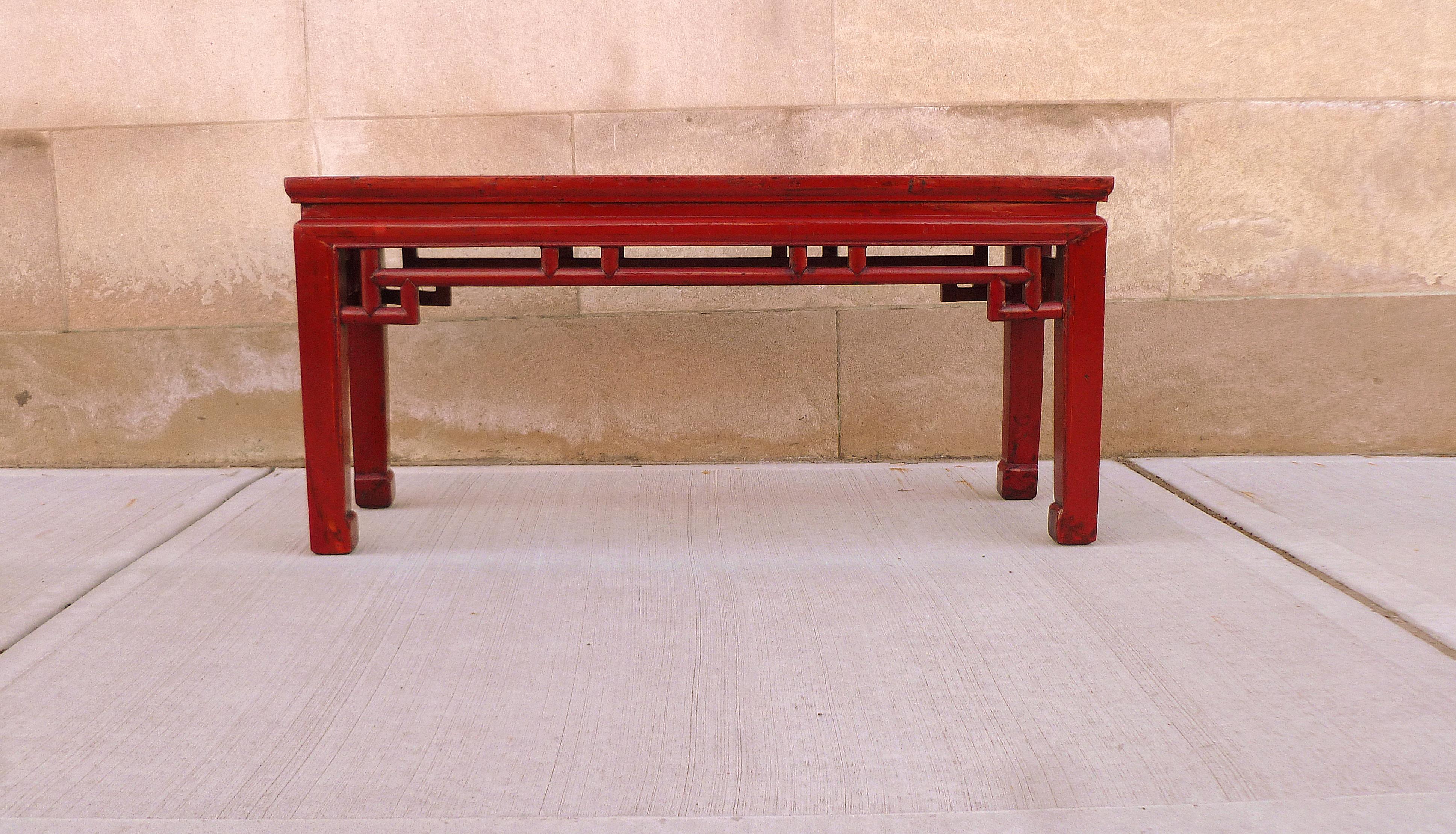Red lacquer bench with fret work design apron. We carry fine quality furniture with elegant finished and has been appeared many times in “ARCHITECTURE DIGEST” Magazines and sold to many to Celebrities. Last “Two Photos