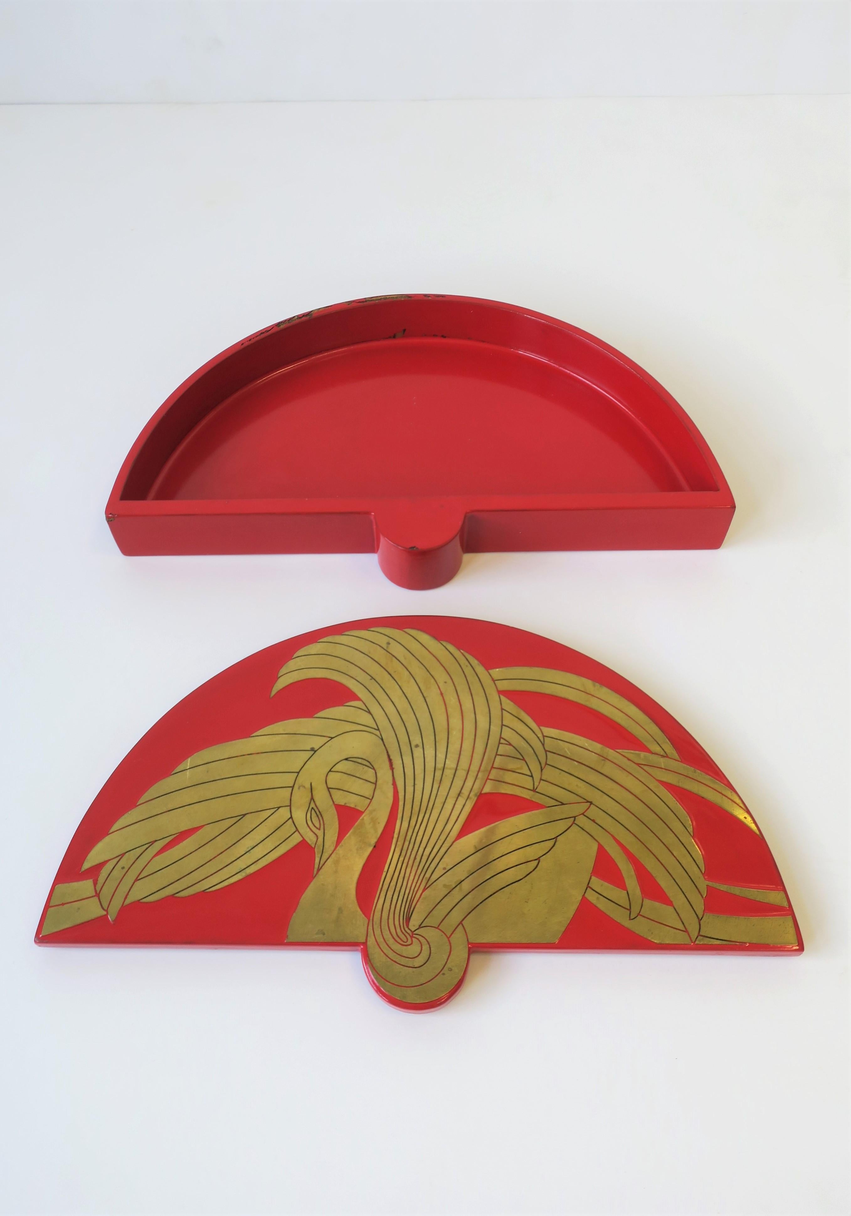 Red Lacquer Jewelry Box with Brass Swan Bird Design For Sale 5