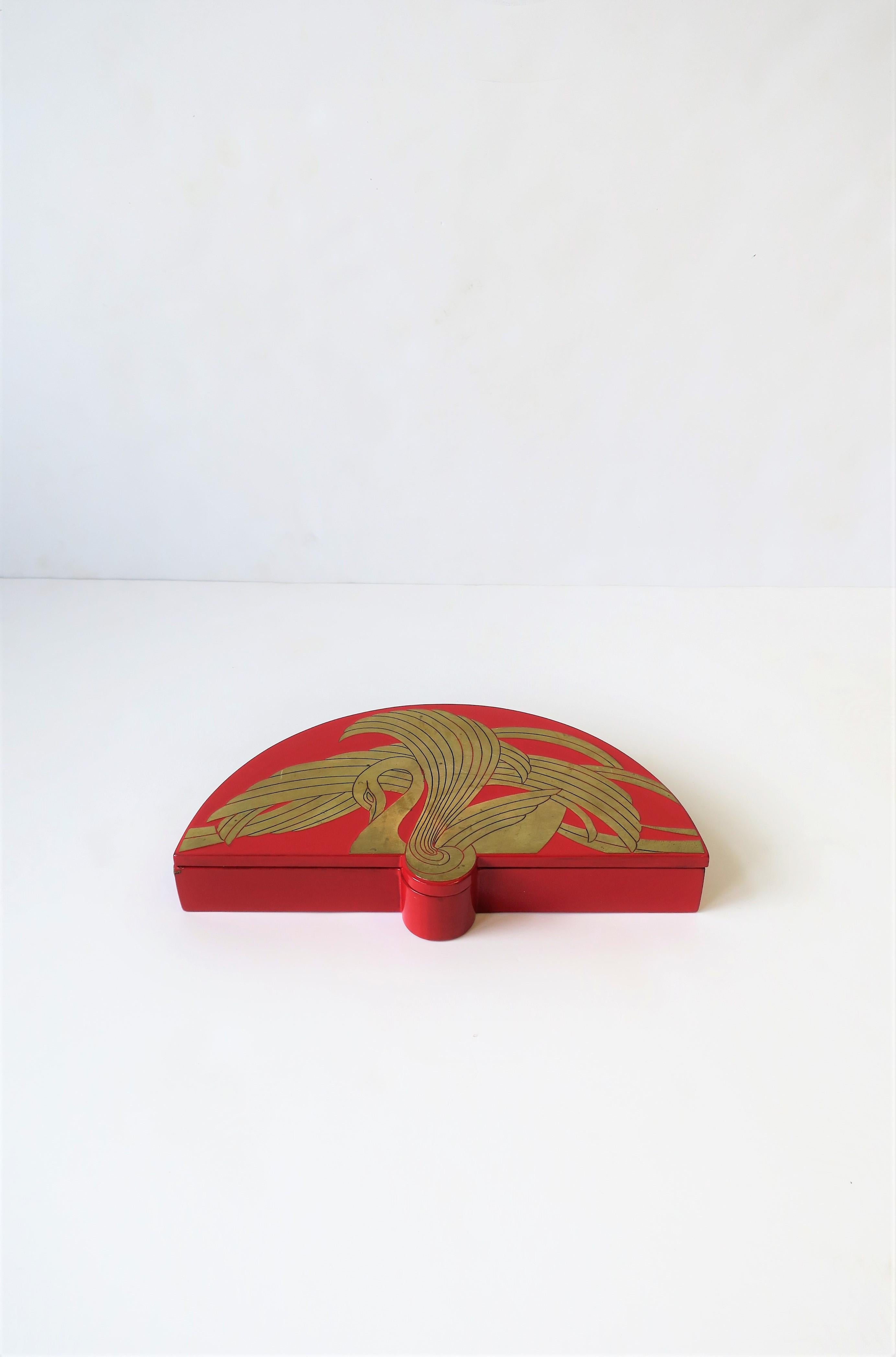 Modern Red Lacquer Jewelry Box with Brass Swan Bird Design For Sale