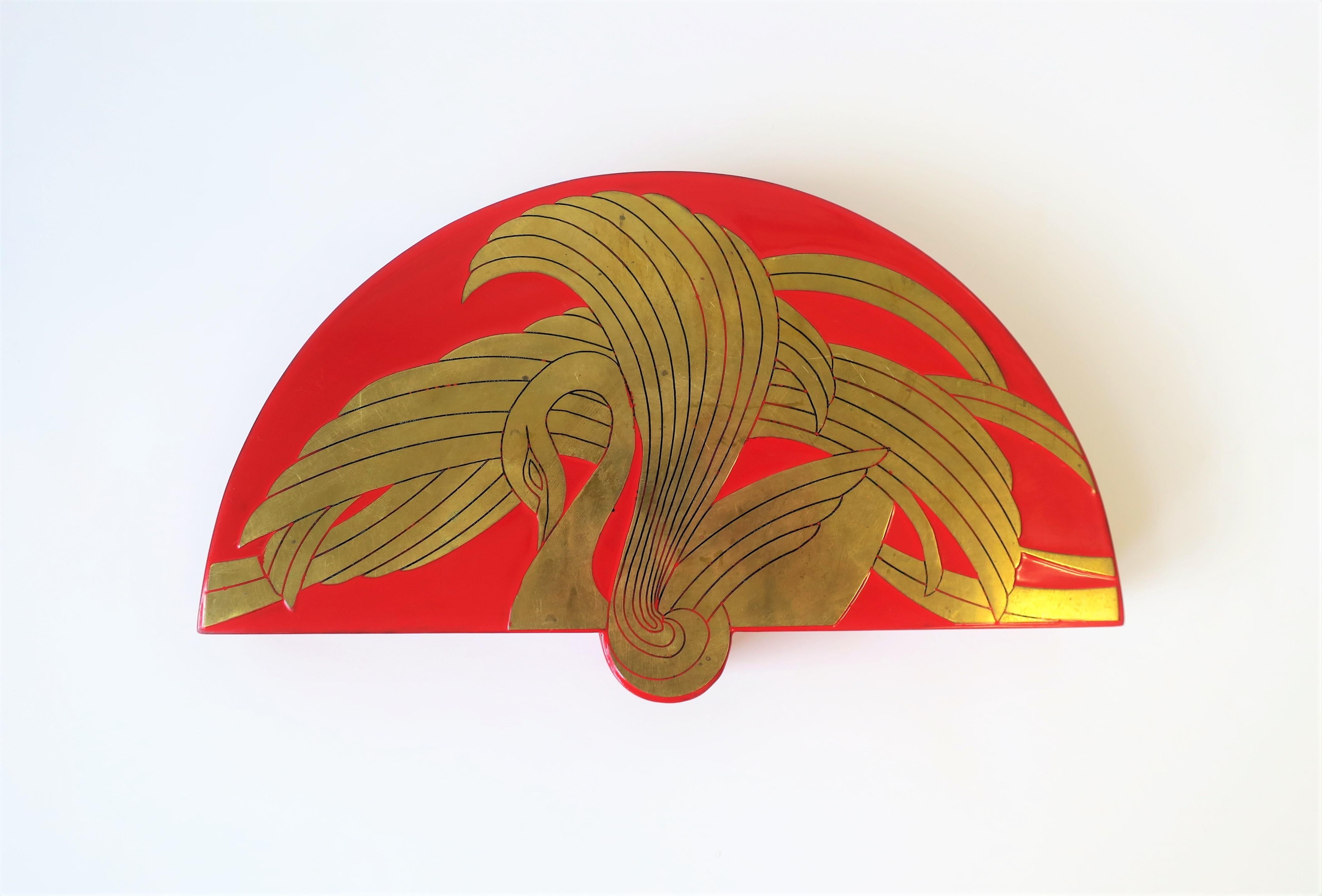 Red Lacquer Jewelry Box with Brass Swan Bird Design In Good Condition For Sale In New York, NY