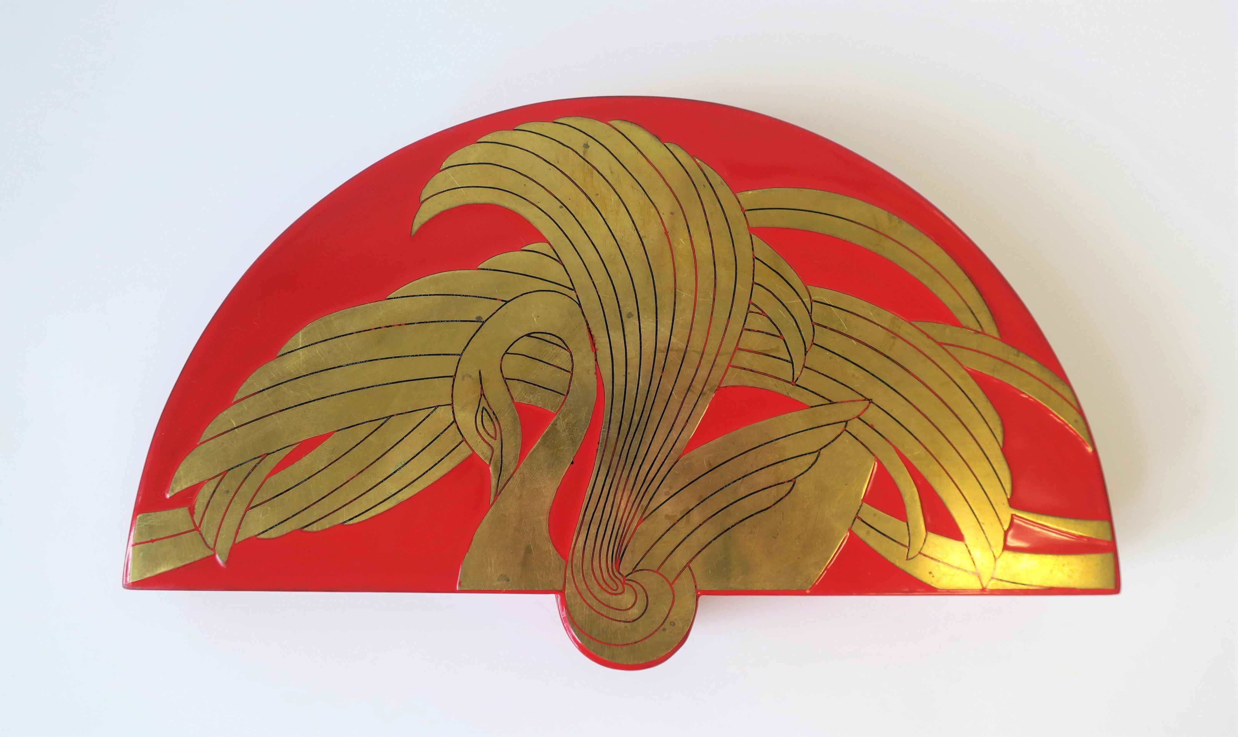 Late 20th Century Red Lacquer Jewelry Box with Brass Swan Bird Design For Sale