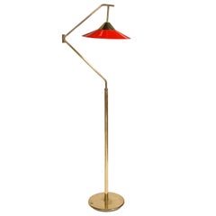 Red Lacquer Brass Midcentury Standing Floor Lamp, France 