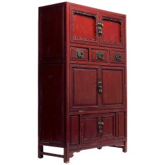 Antique Red Lacquer Cabinet with Multiple Carved Doors from China, Mid-19th Century