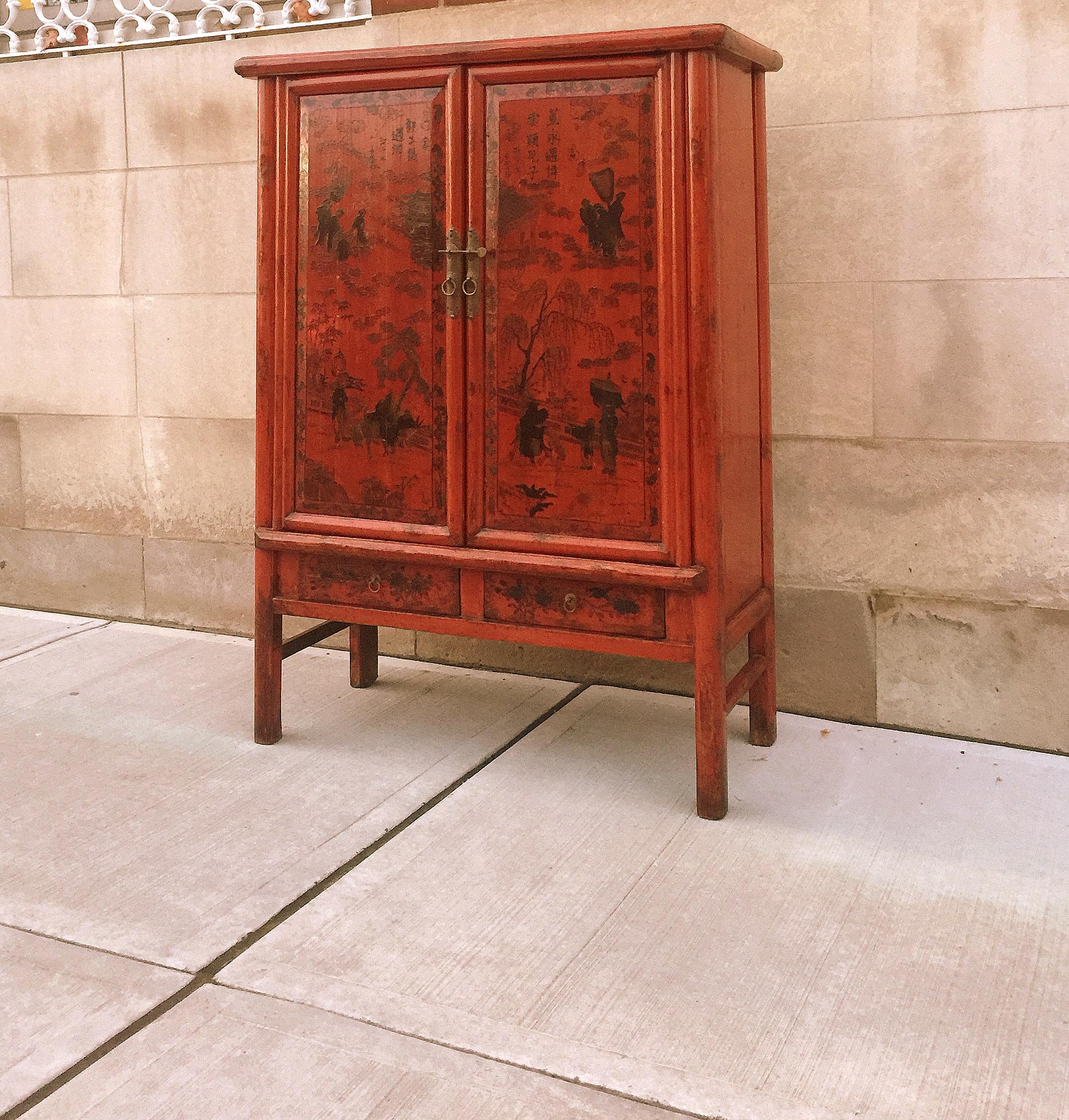 Chinese Red Lacquer Cabinet with Painted Motif For Sale
