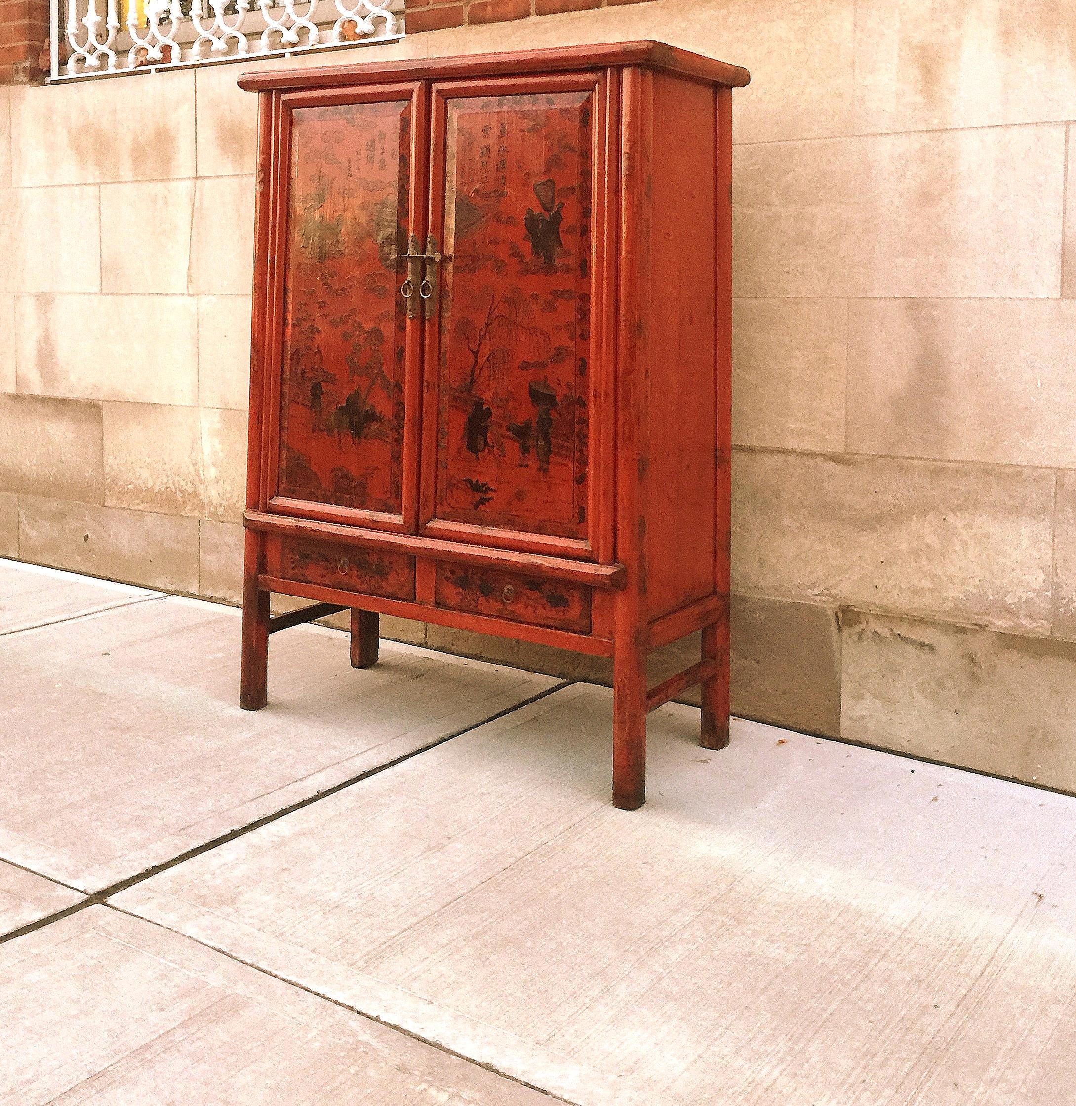 Lacquered Red Lacquer Cabinet with Painted Motif For Sale