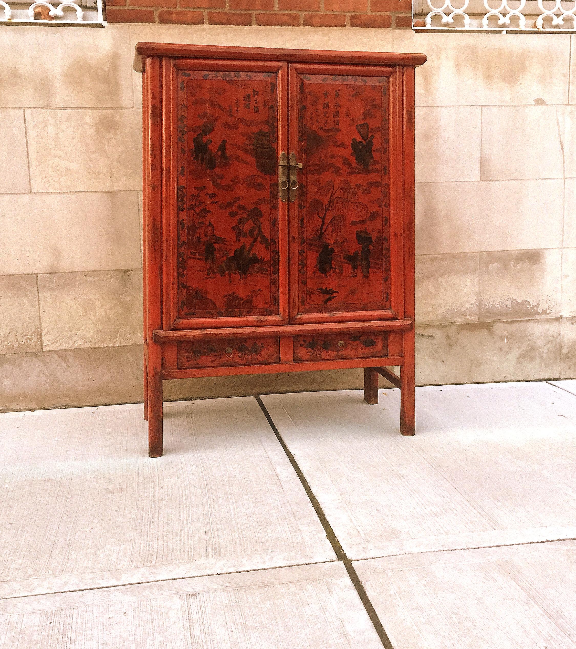 Red Lacquer Cabinet with Painted Motif In Good Condition For Sale In Greenwich, CT