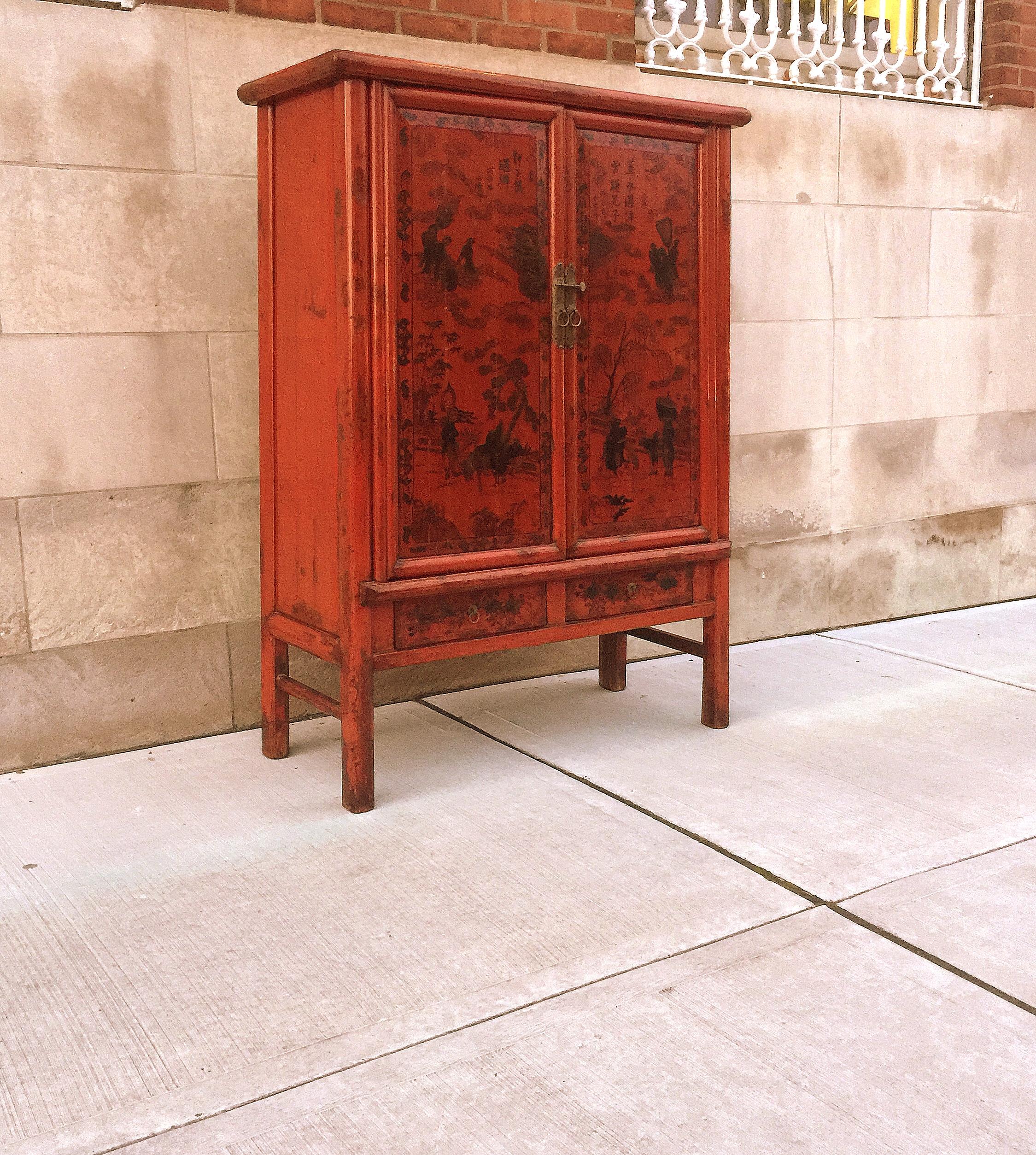 Wood Red Lacquer Cabinet with Painted Motif For Sale