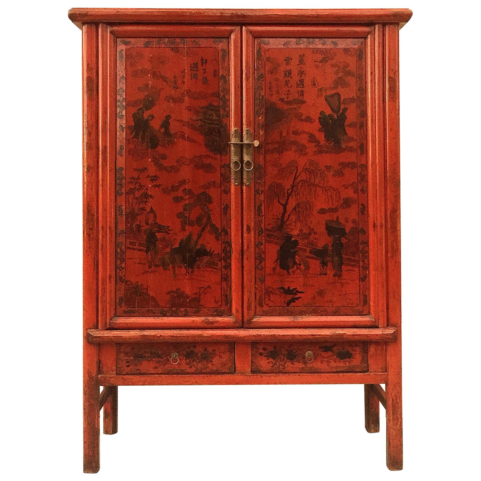 Red Lacquer Cabinet with Painted Motif For Sale