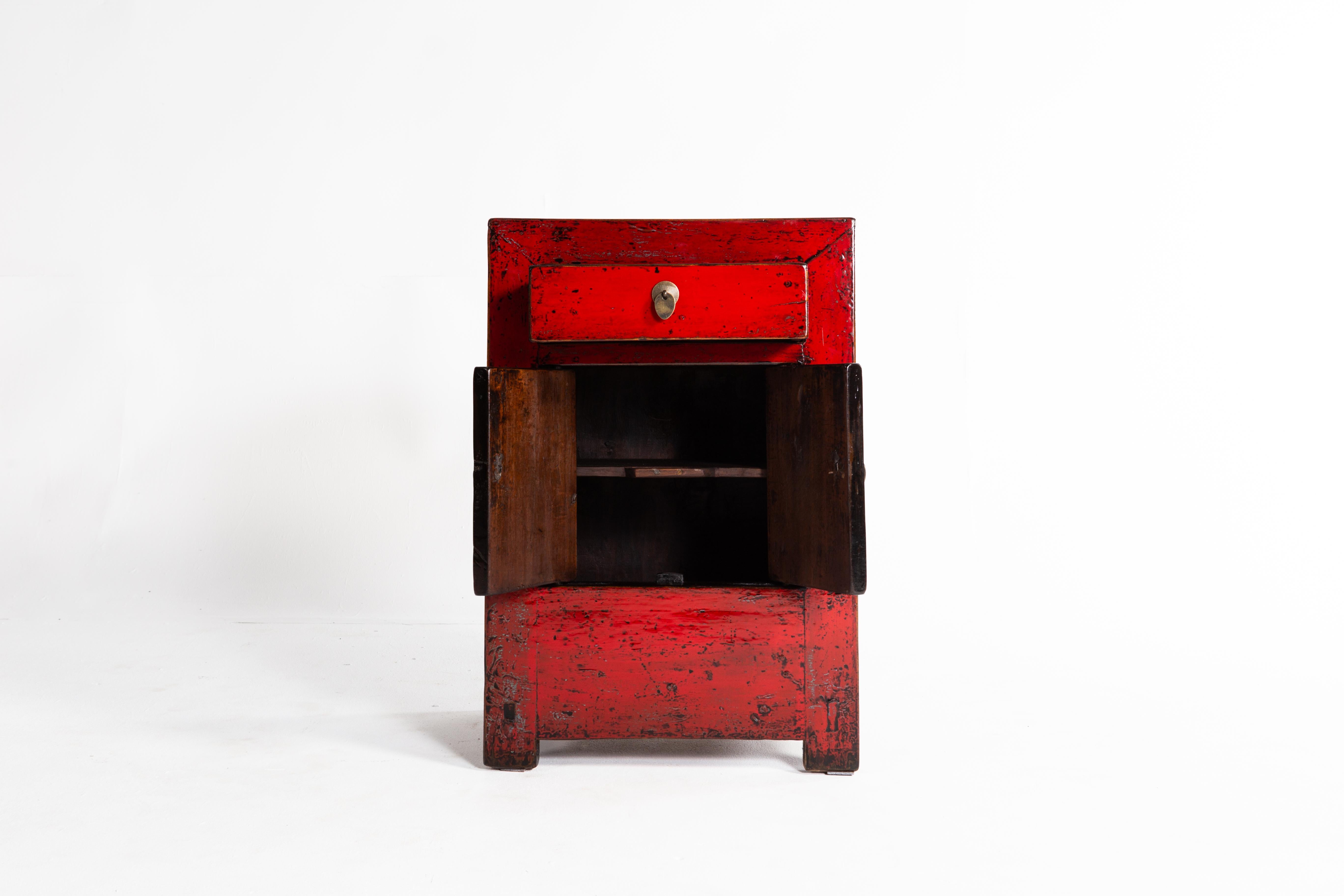 Red Lacquer Chinese Cabinet with a Drawer and Pair of Doors In Good Condition In Chicago, IL