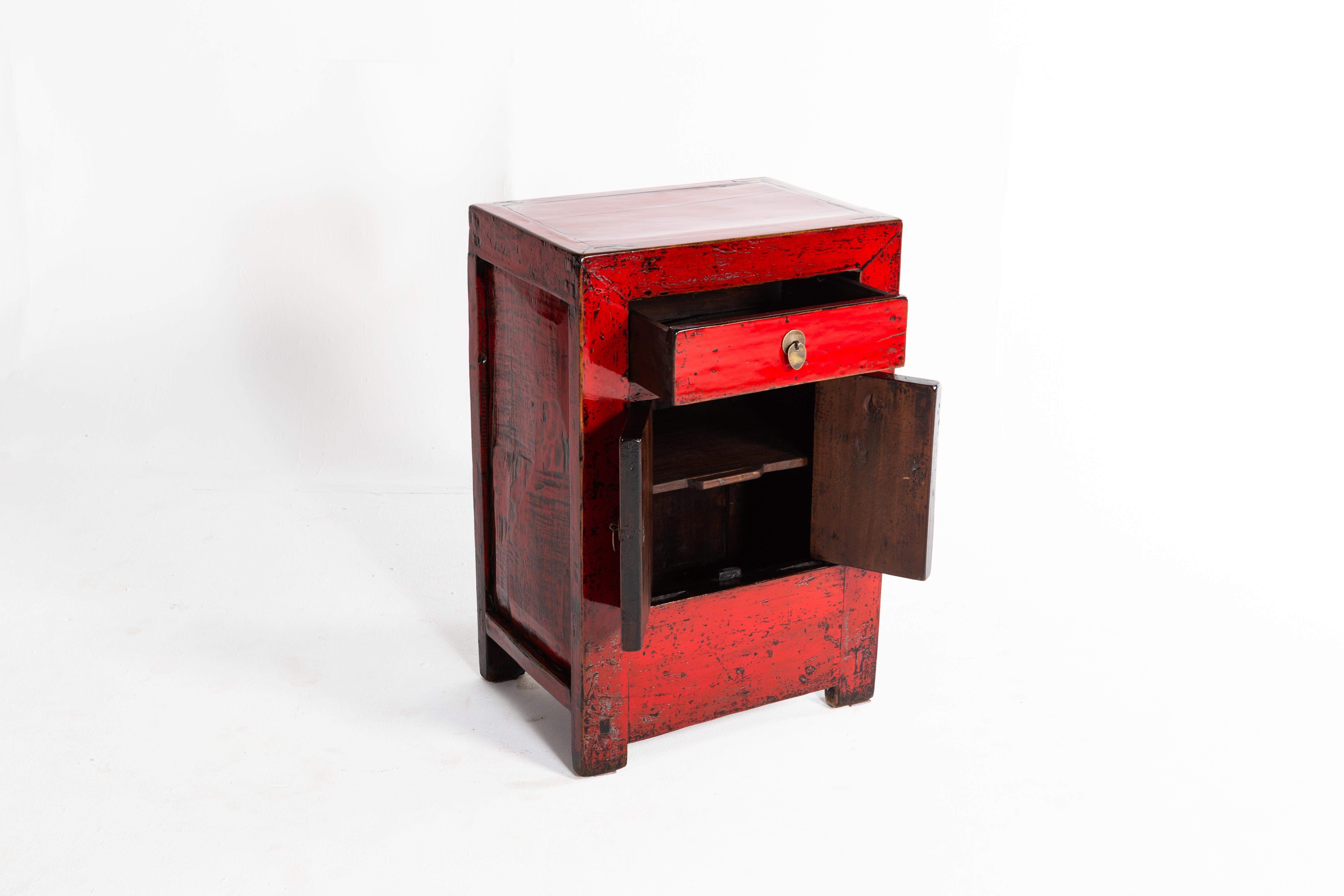 Elm Red Lacquer Chinese Cabinet with a Drawer and Pair of Doors