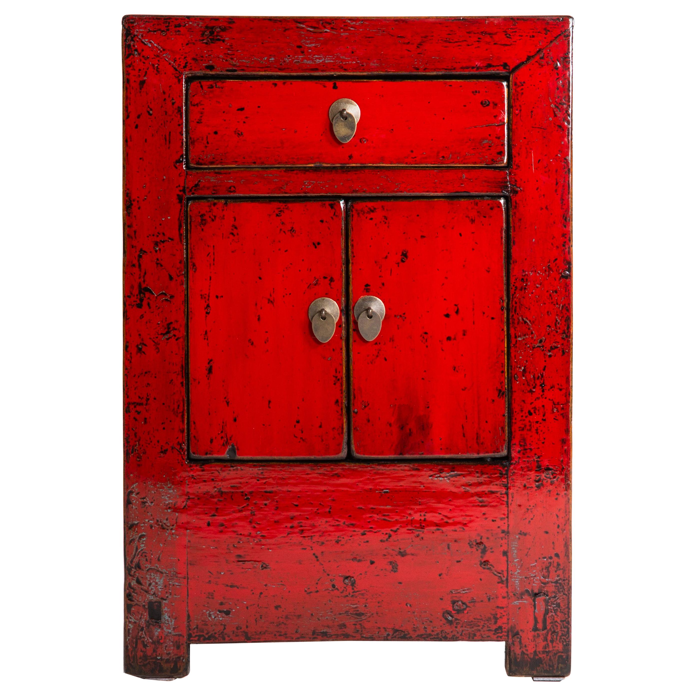 Red Lacquer Chinese Cabinet with a Drawer and Pair of Doors