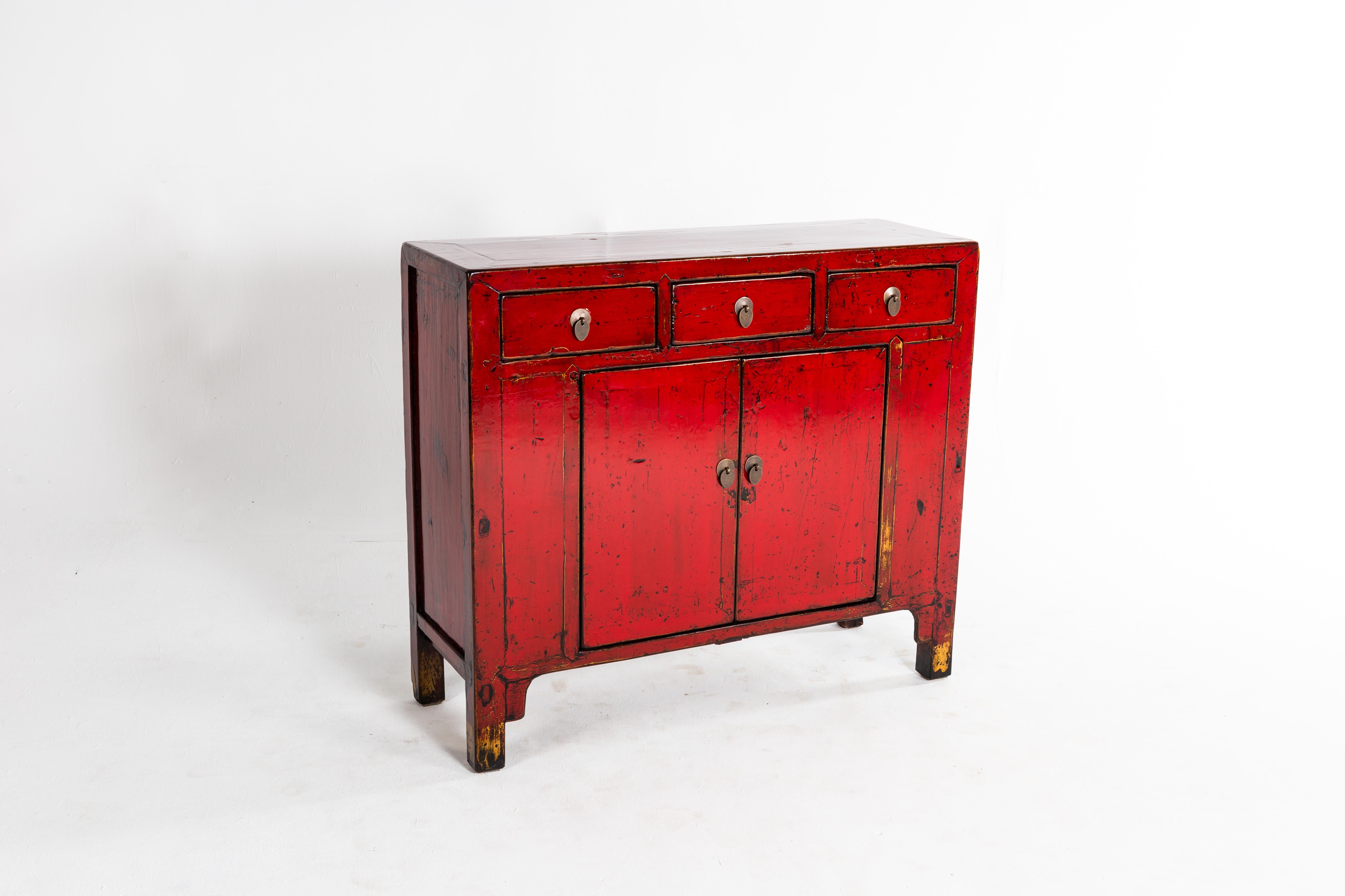 Red Lacquer Chinese Cabinet with Three Drawers and a Pair of Doors In Good Condition In Chicago, IL