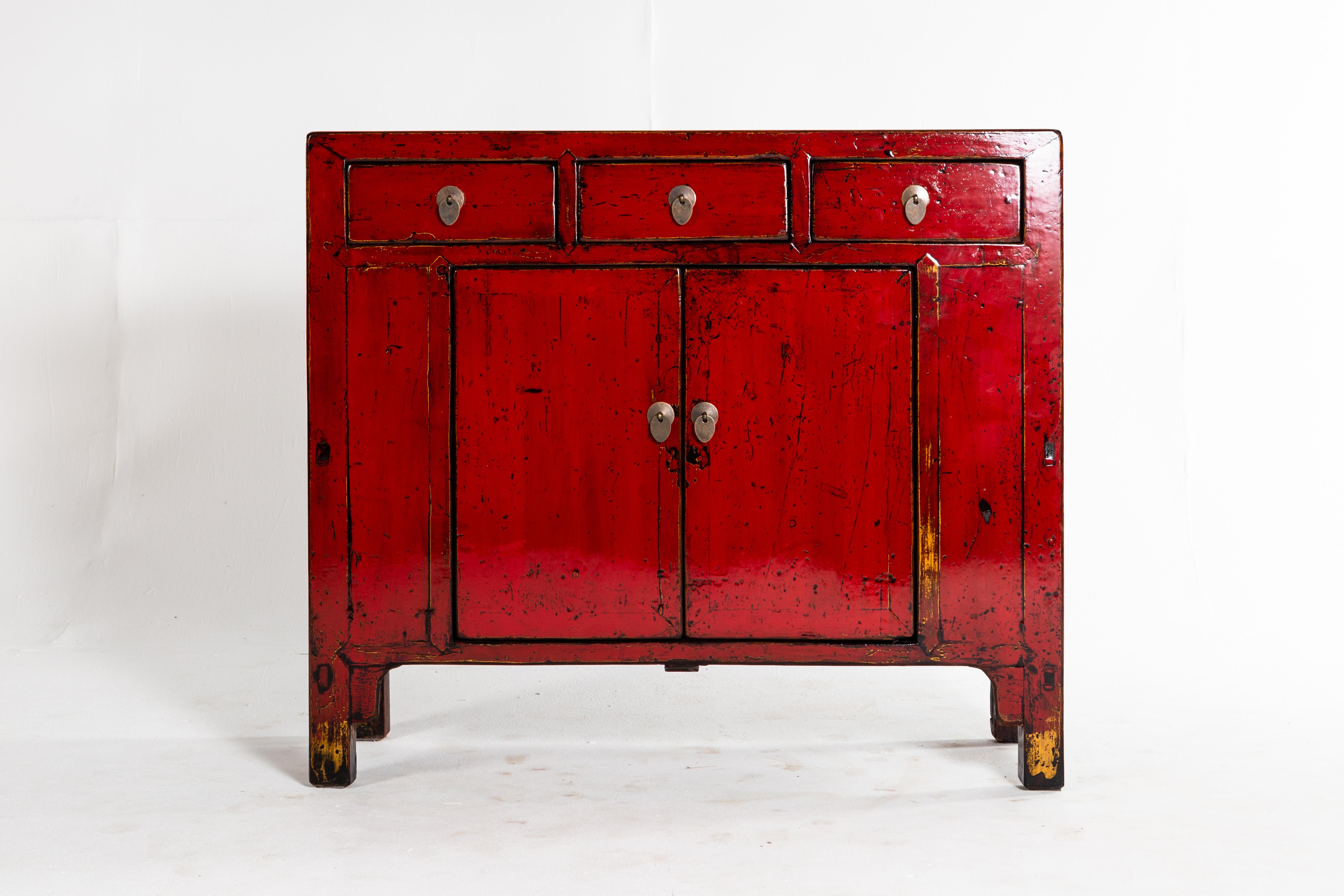 Elm Red Lacquer Chinese Cabinet with Three Drawers and a Pair of Doors