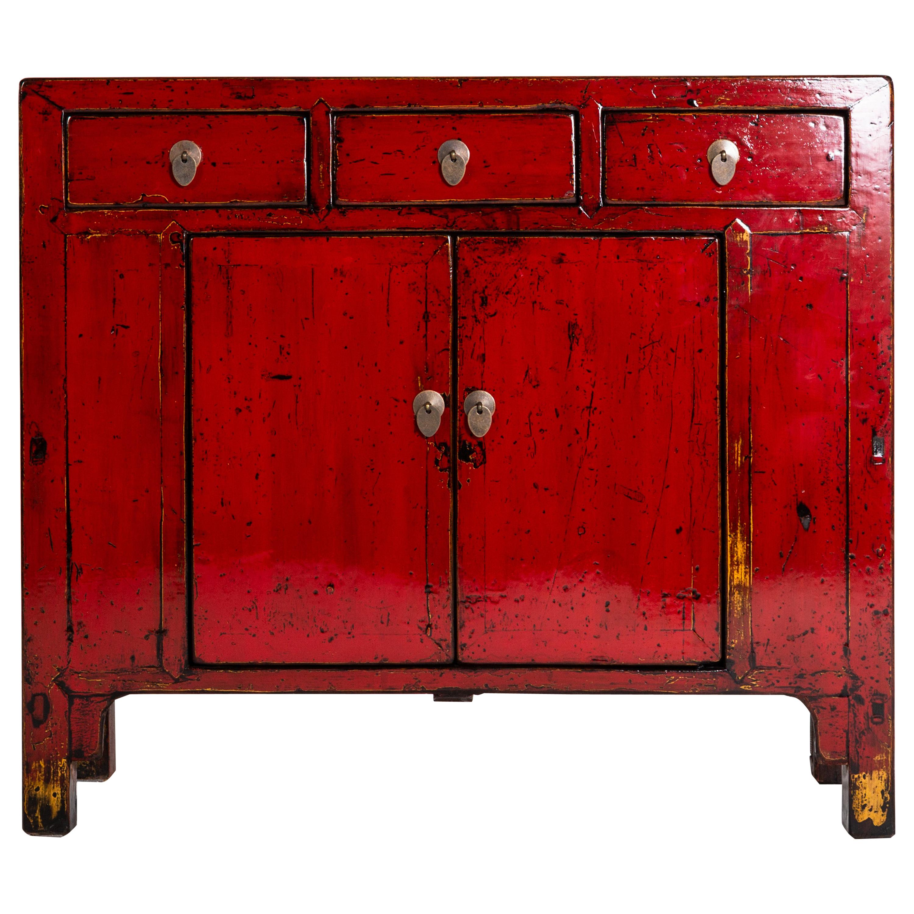 Red Lacquer Chinese Cabinet with Three Drawers and a Pair of Doors