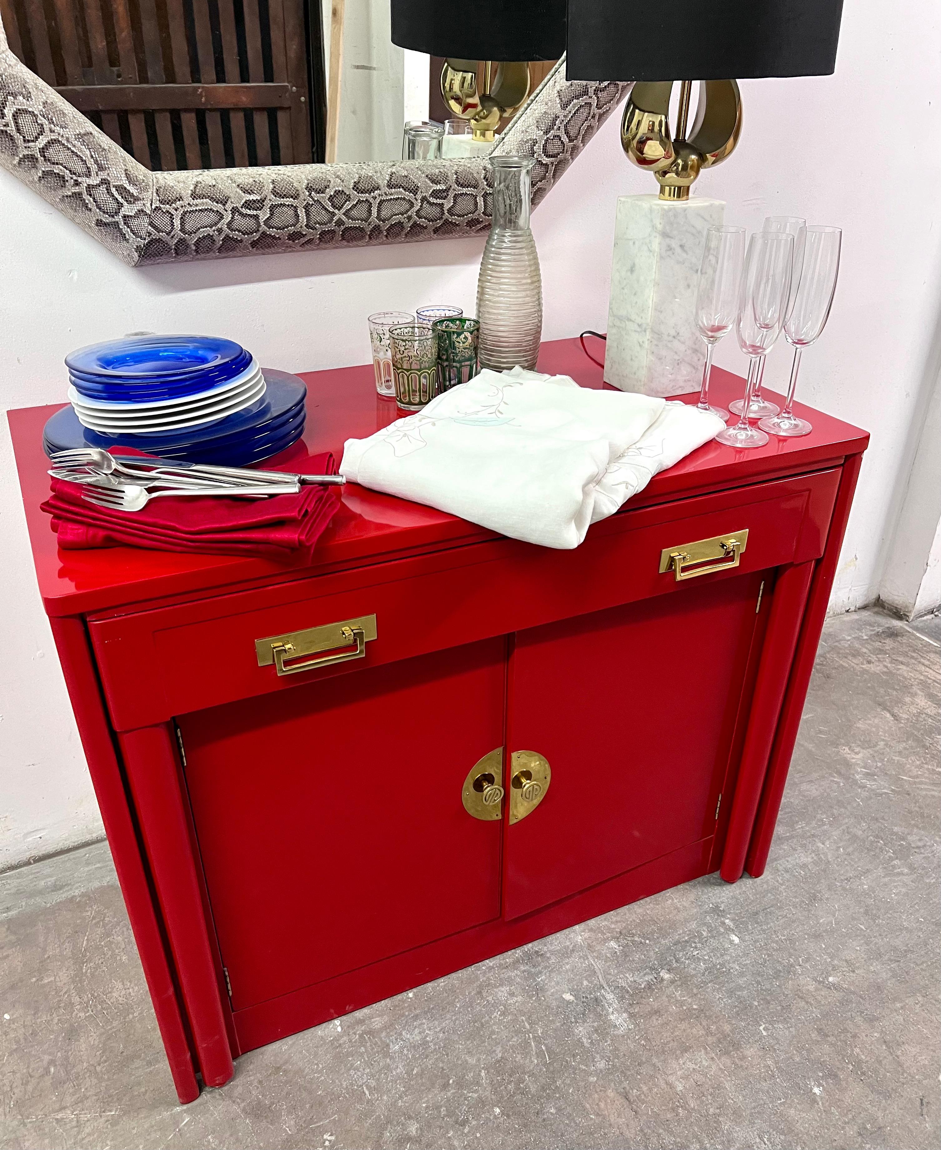 Red Lacquer Chinoiserie Inspired Cabinet that pulls out into a Dining Table For Sale 3