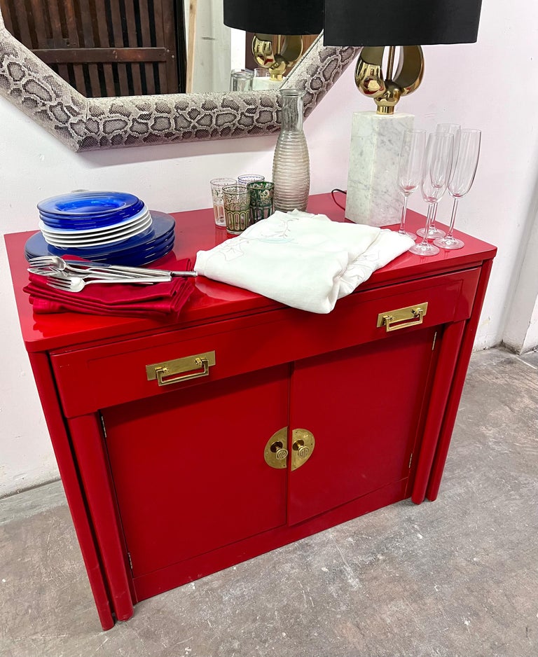 Red Lacquer Chinoiserie Inspired Cabinet that Transforms into a Dining Table For Sale 5