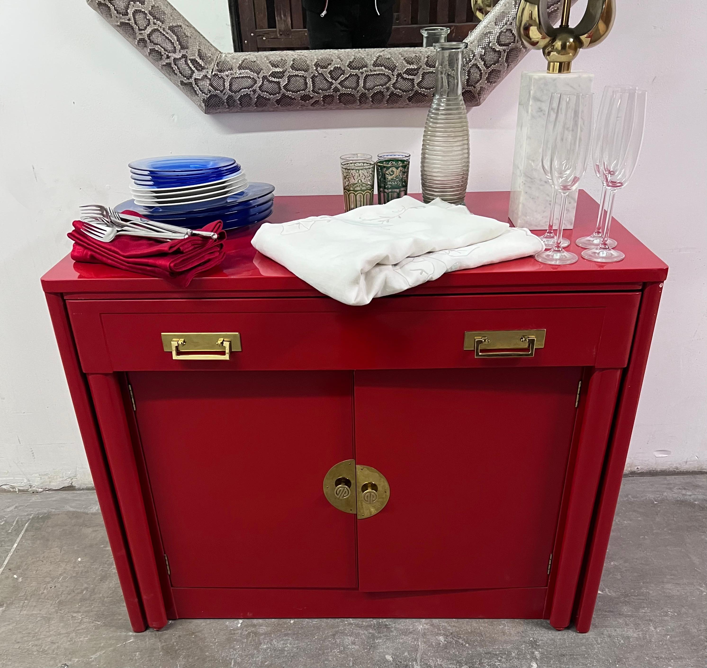 Red Lacquer Chinoiserie Inspired Cabinet that pulls out into a Dining Table For Sale 4