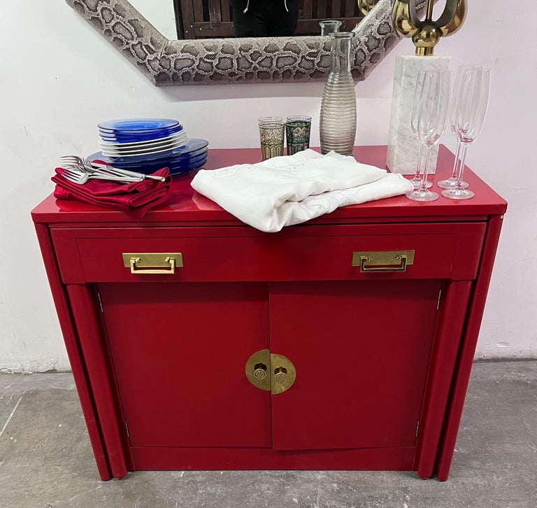 Red Lacquer Chinoiserie Inspired Cabinet that Transforms into a Dining Table For Sale 6