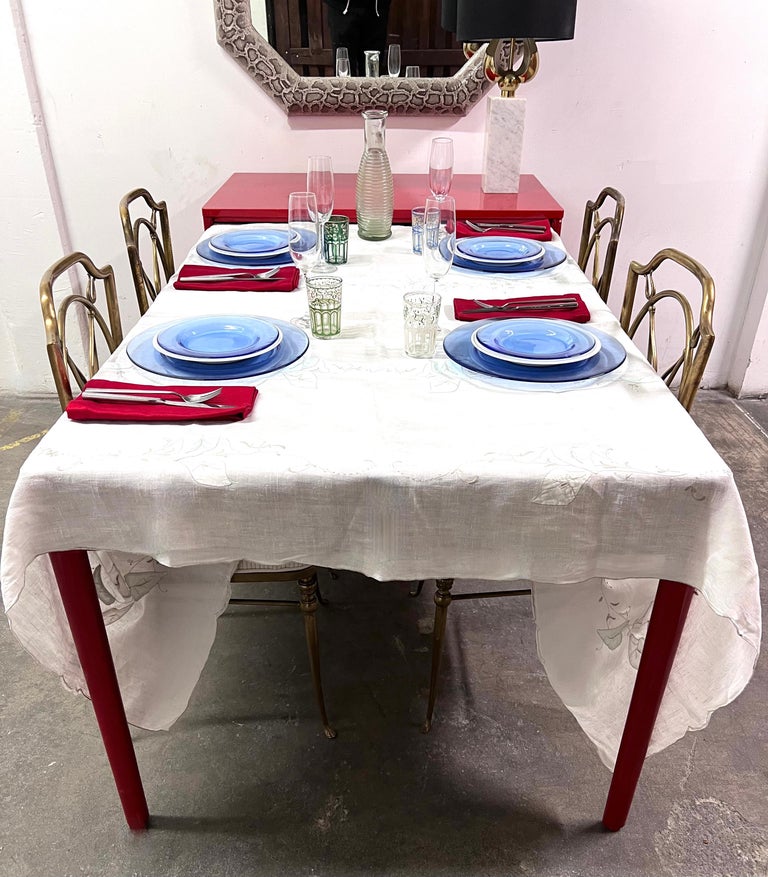 Red Lacquer Chinoiserie Inspired Cabinet that Transforms into a Dining Table For Sale 7