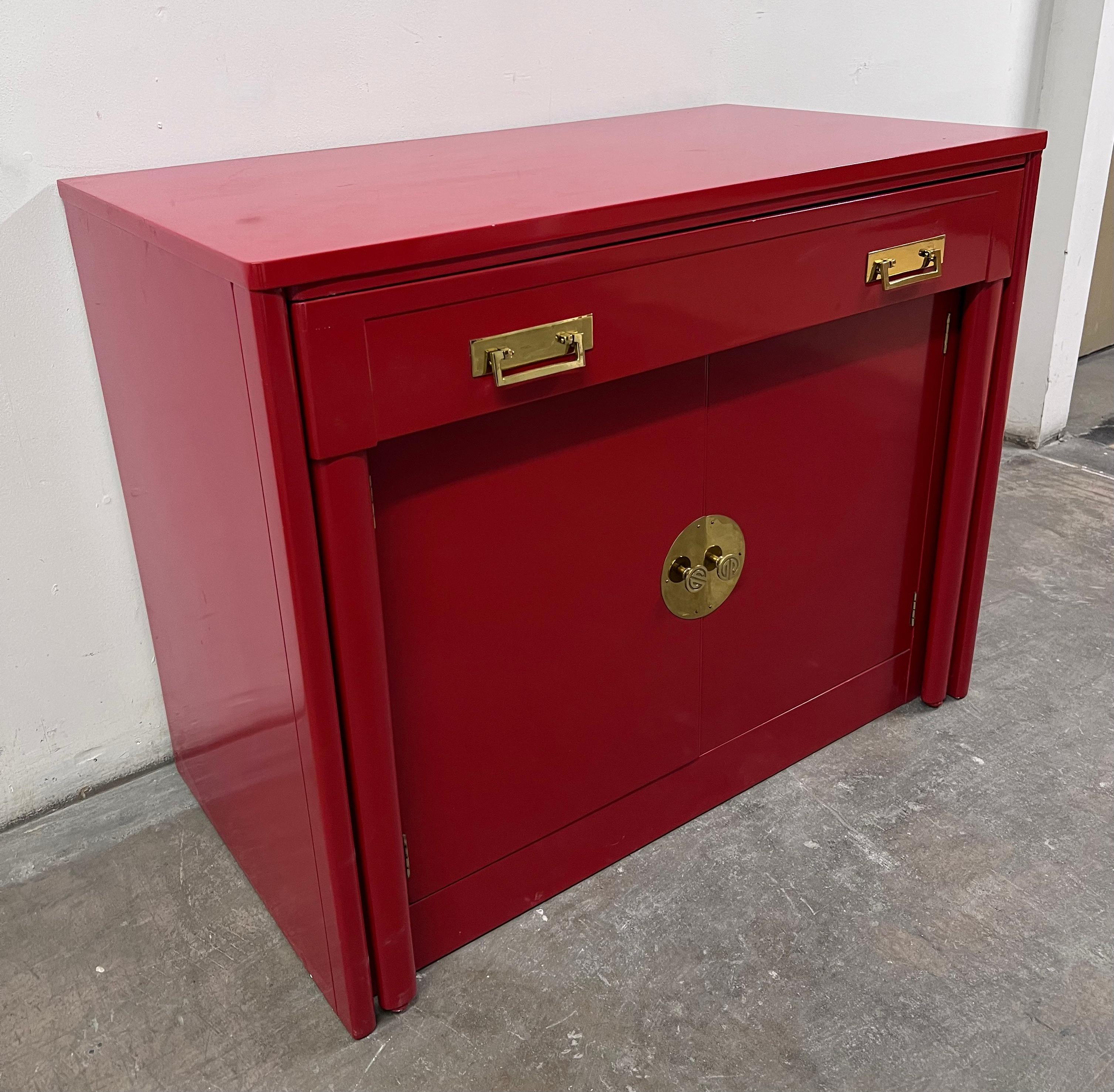 Lacquered Red Lacquer Chinoiserie Inspired Cabinet that pulls out into a Dining Table For Sale