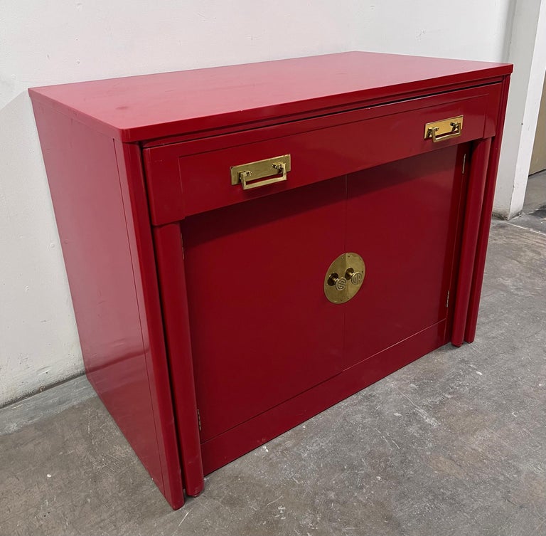 Red Lacquer Chinoiserie Inspired Cabinet that Transforms into a Dining Table In Good Condition For Sale In Los Angeles, CA