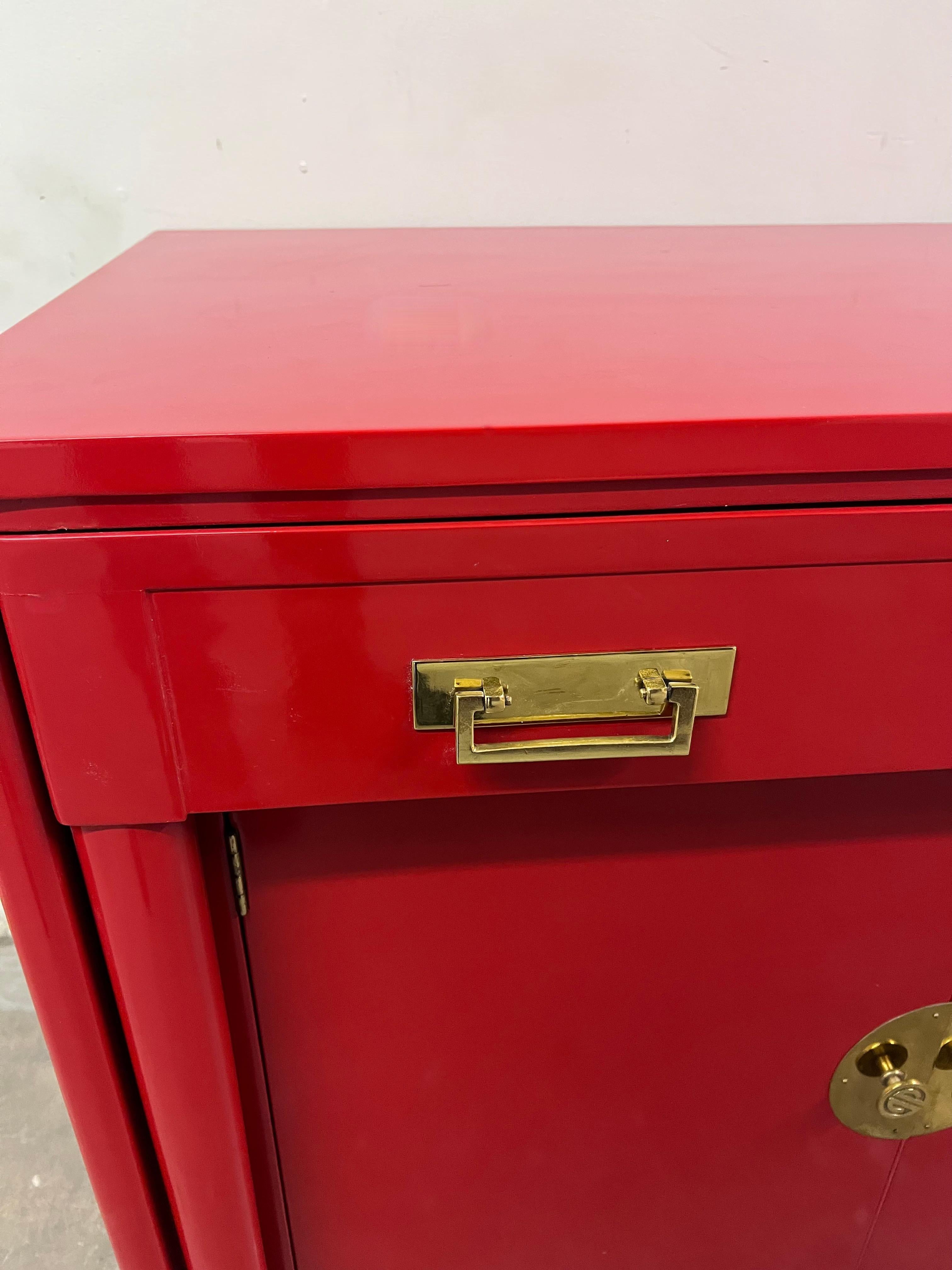 Red Lacquer Chinoiserie Inspired Cabinet that pulls out into a Dining Table In Good Condition For Sale In Los Angeles, CA