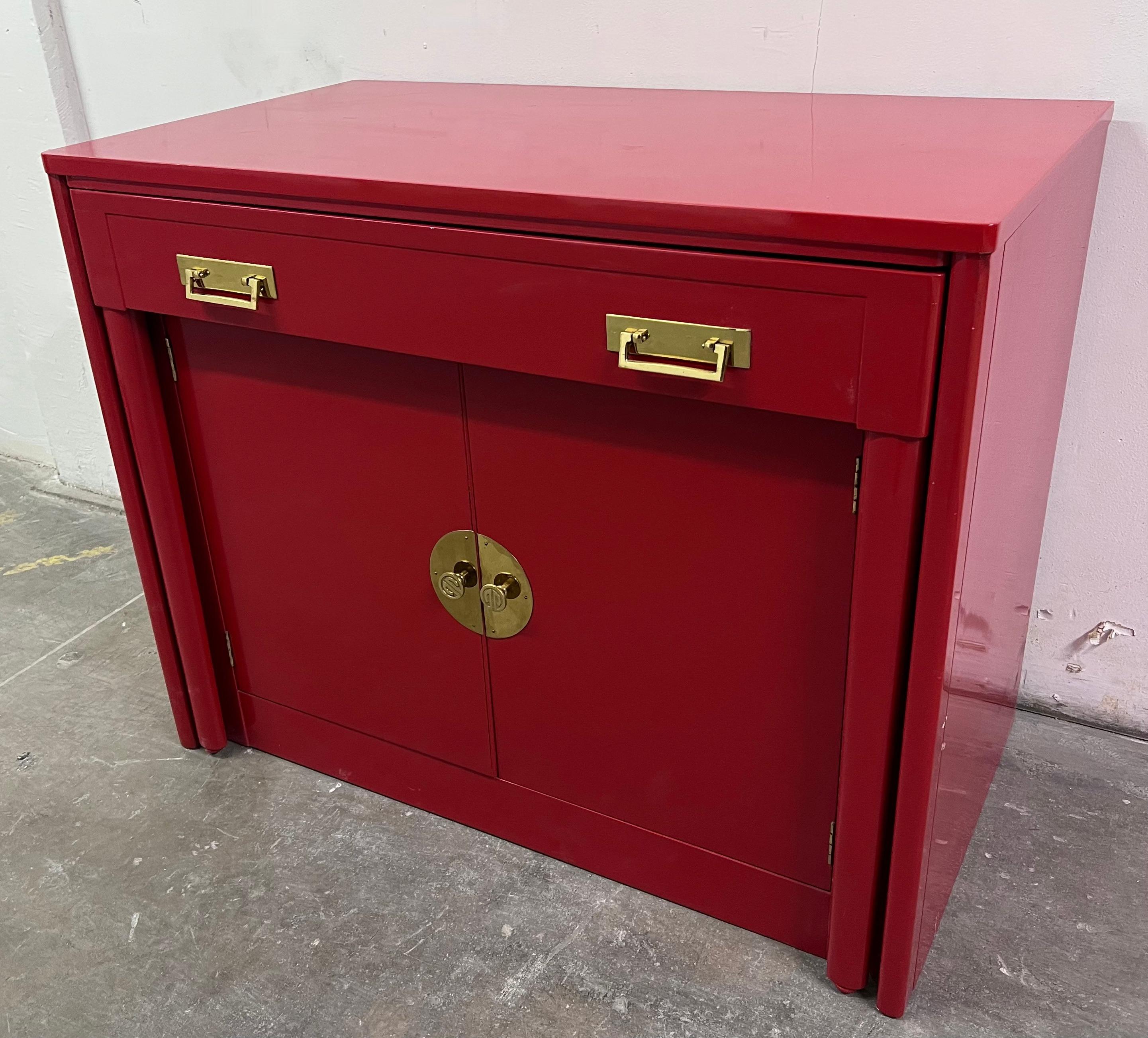 20th Century Red Lacquer Chinoiserie Inspired Cabinet that pulls out into a Dining Table For Sale