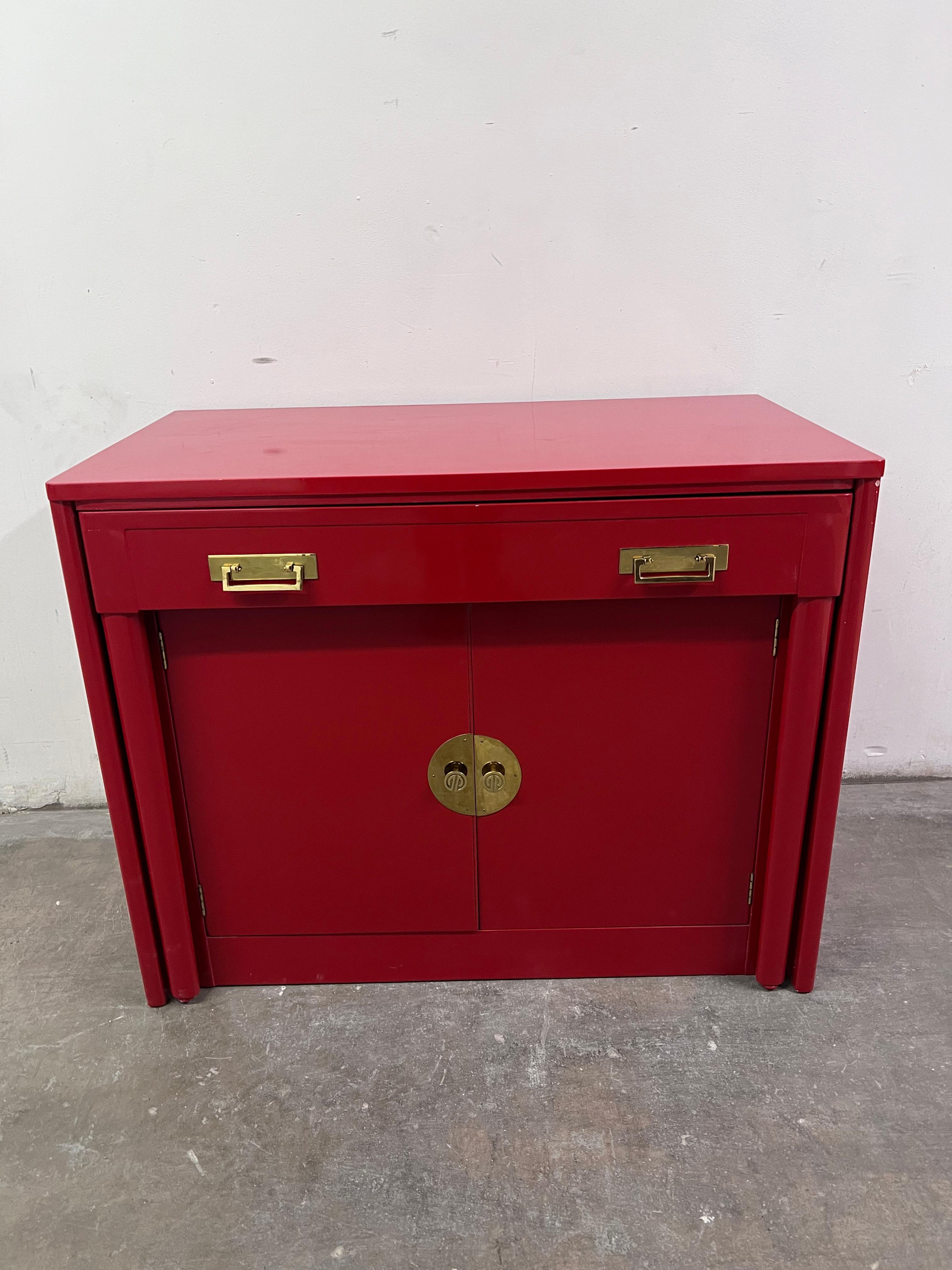 Red Lacquer Chinoiserie Inspired Cabinet that Transforms into a Dining Table For Sale 1