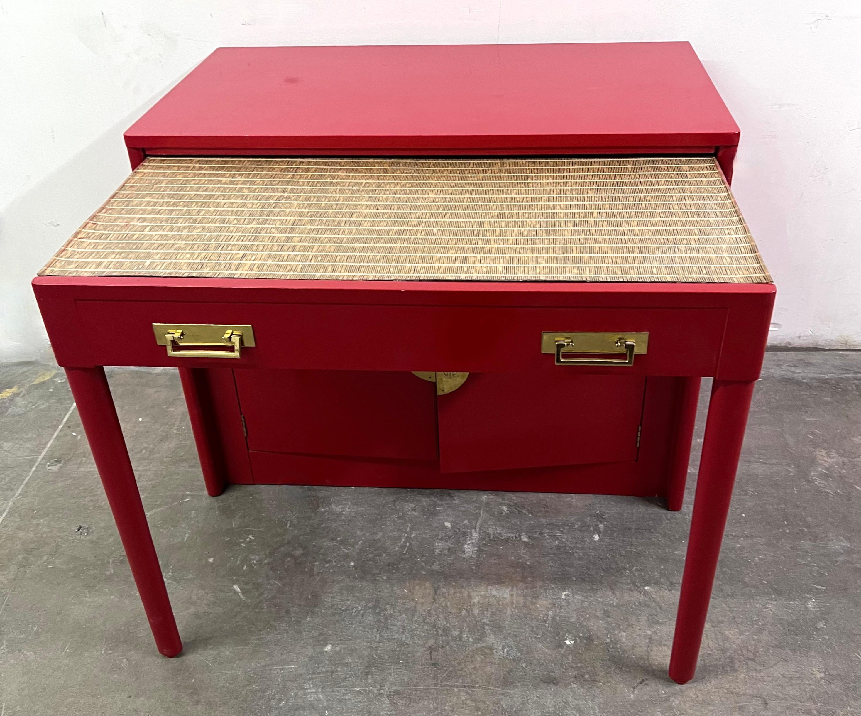Red Lacquer Chinoiserie Inspired Cabinet that pulls out into a Dining Table For Sale 2