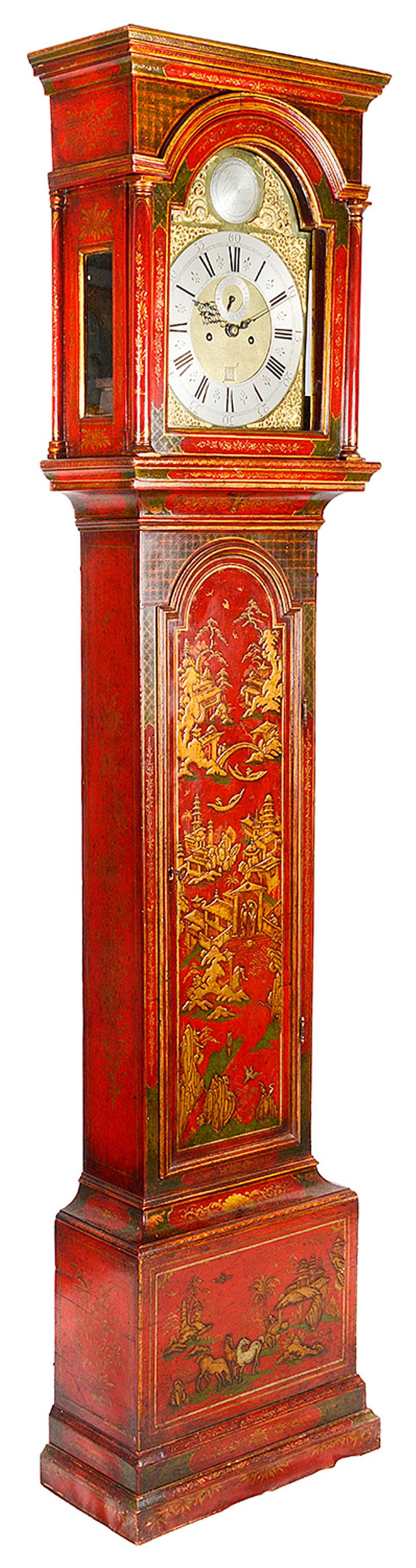 Early 19th century Chinoiserie Red lacquer grandfather clock, having an arched dial, brass faced, eight day striking movement, by Abraham Glascock of Epping.
Gilded hand painted oriental scenes and decoration to the case.