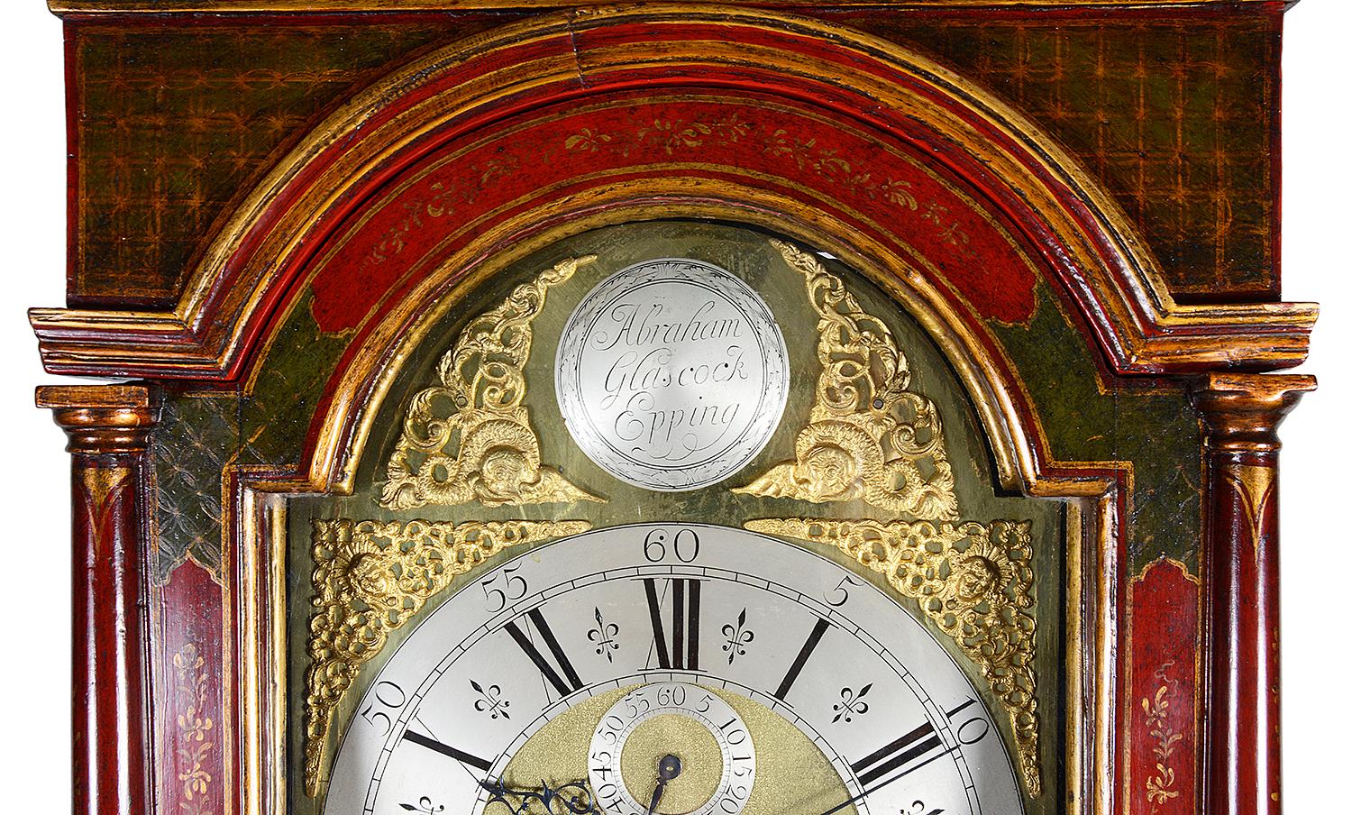 English Red Lacquer Chinoiserie Longcase Clock, circa 1800
