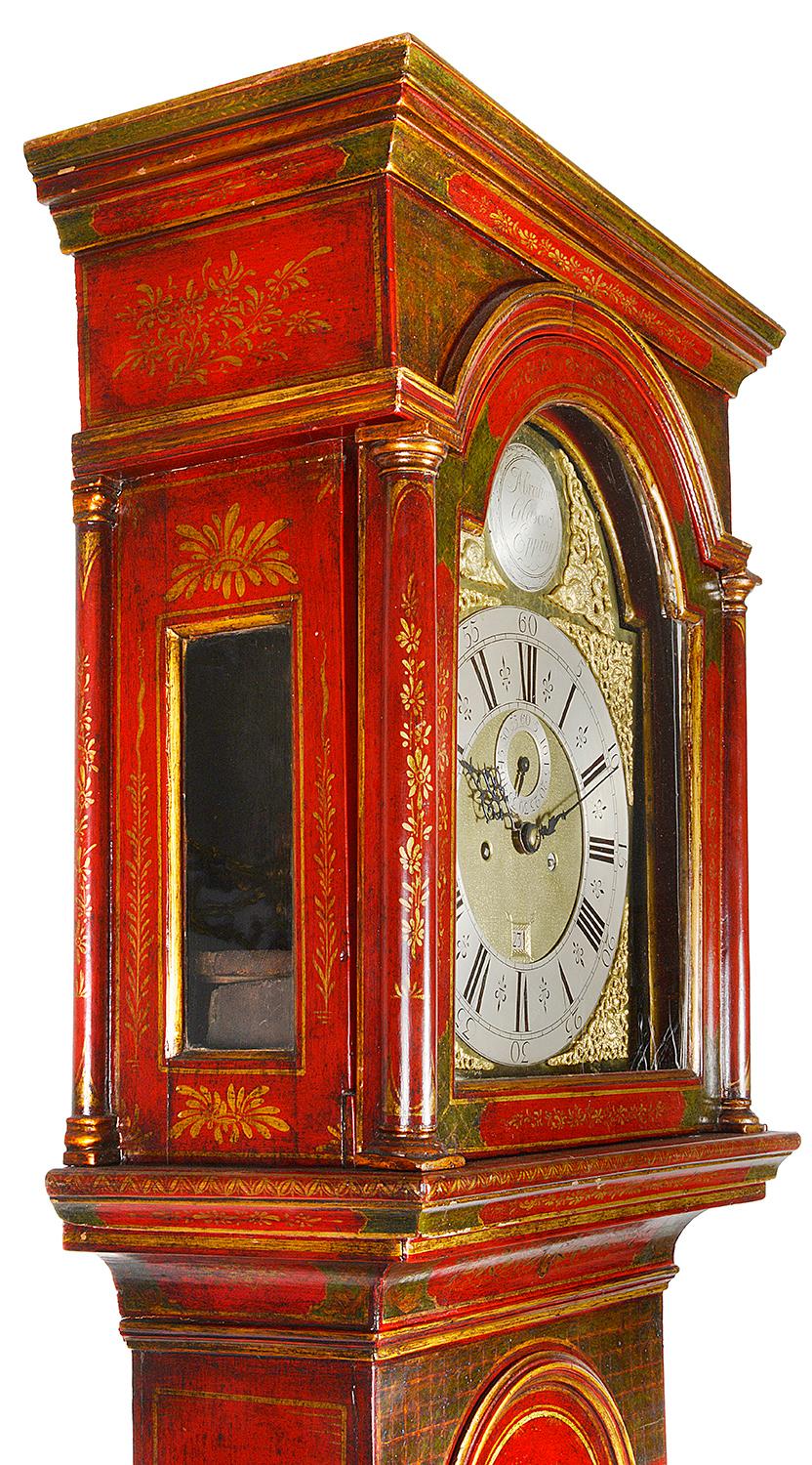 Lacquered Red Lacquer Chinoiserie Longcase Clock, circa 1800