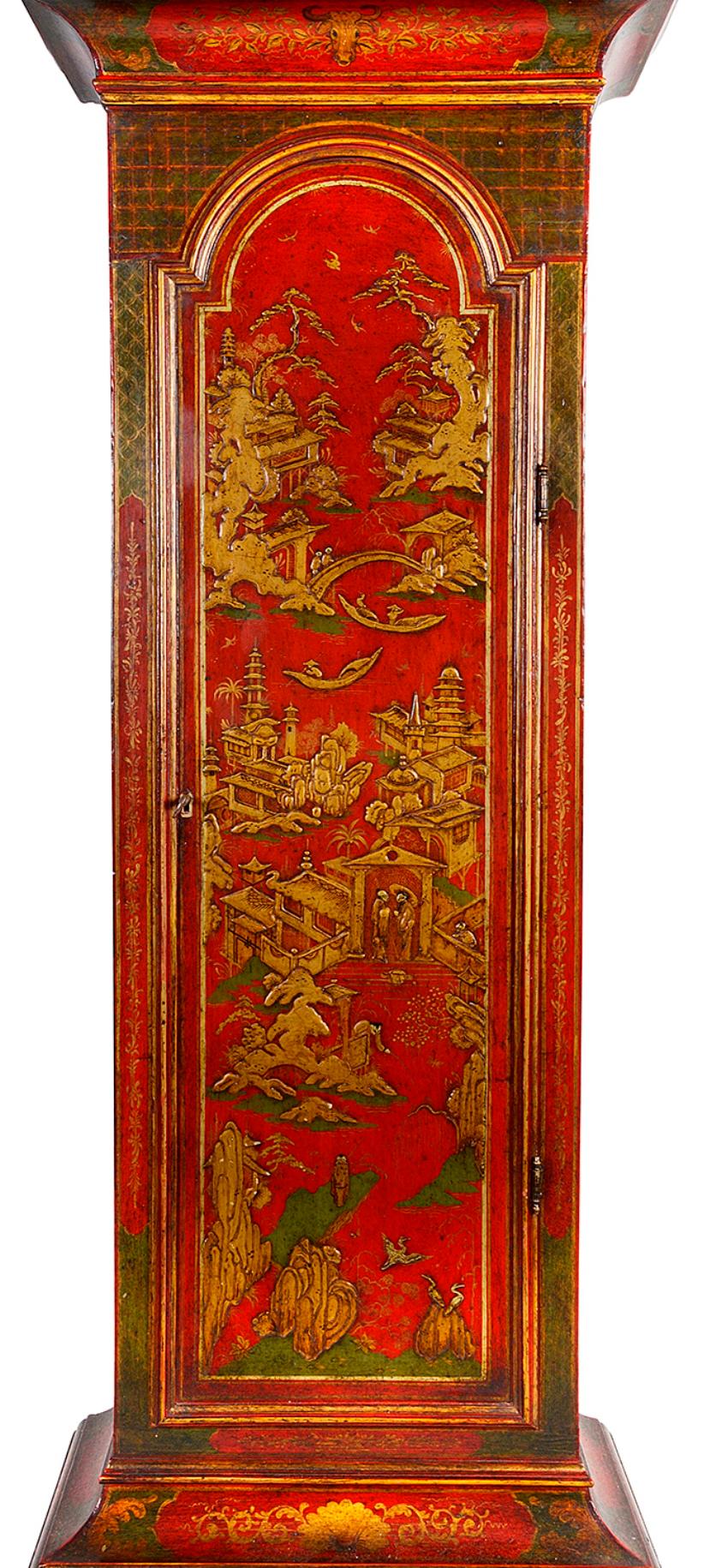 Red Lacquer Chinoiserie Longcase Clock, circa 1800 In Good Condition In Brighton, Sussex