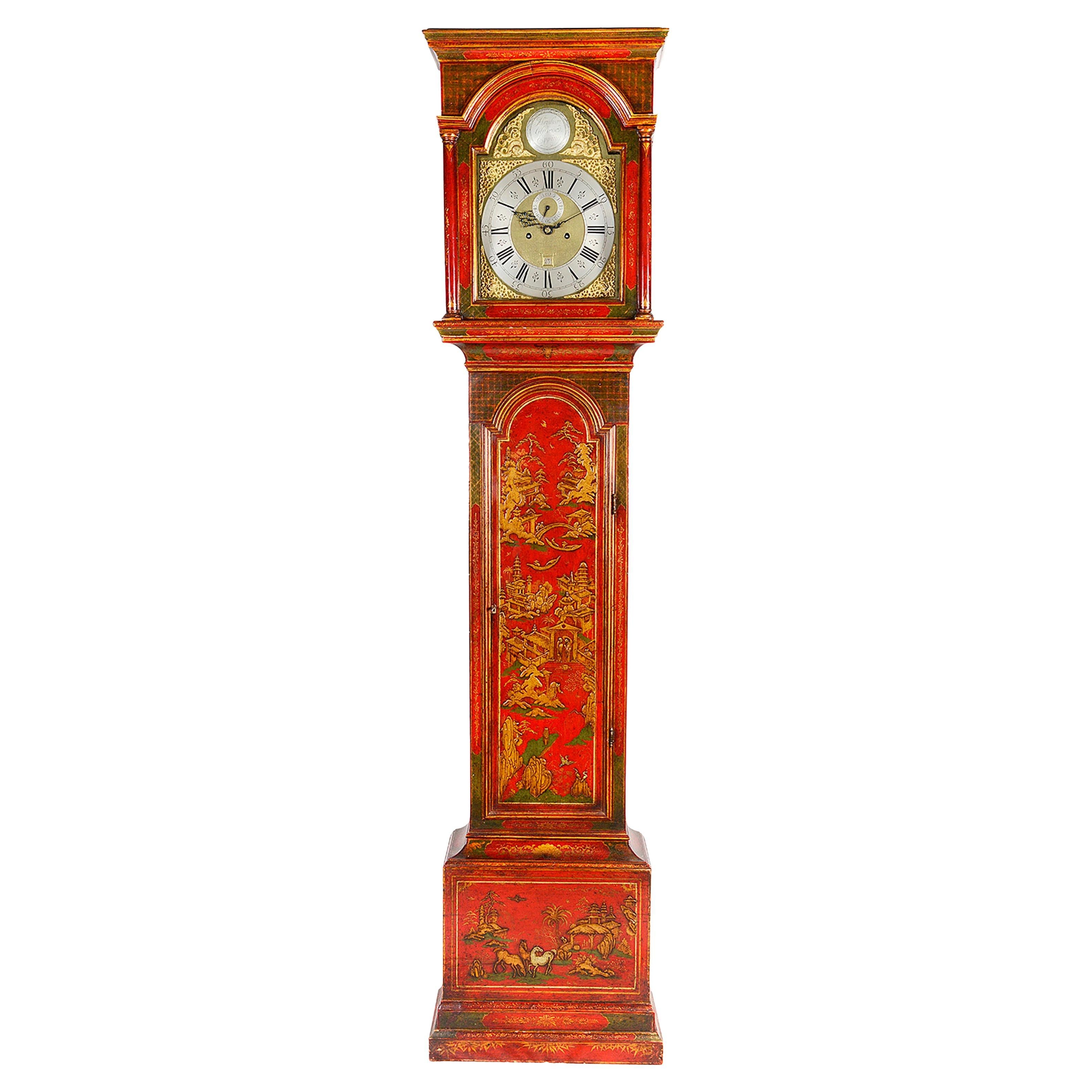 Red Lacquer Chinoiserie Longcase Clock, circa 1800