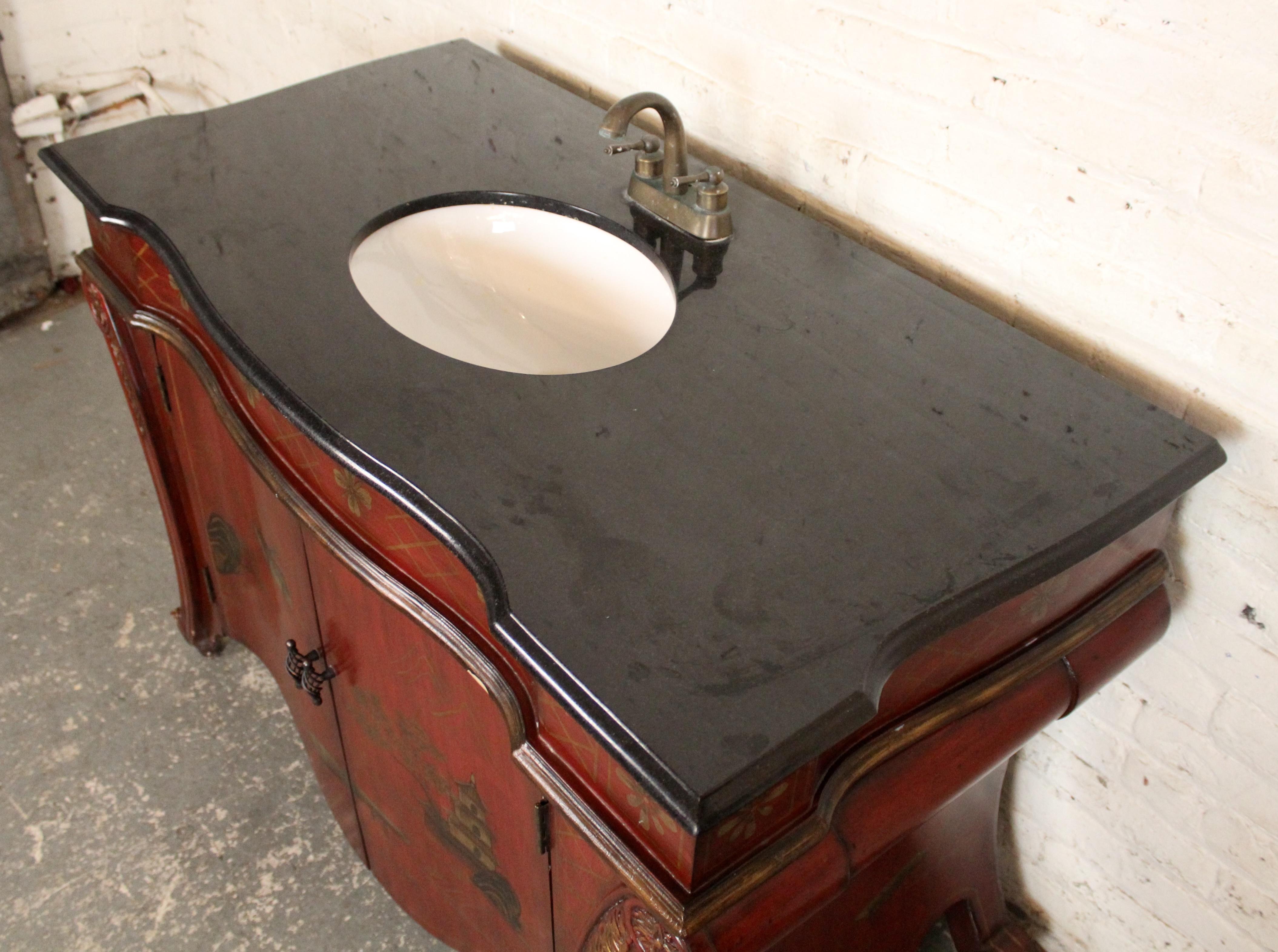 Red Lacquer Chinoiserie Sink In Good Condition For Sale In Brooklyn, NY