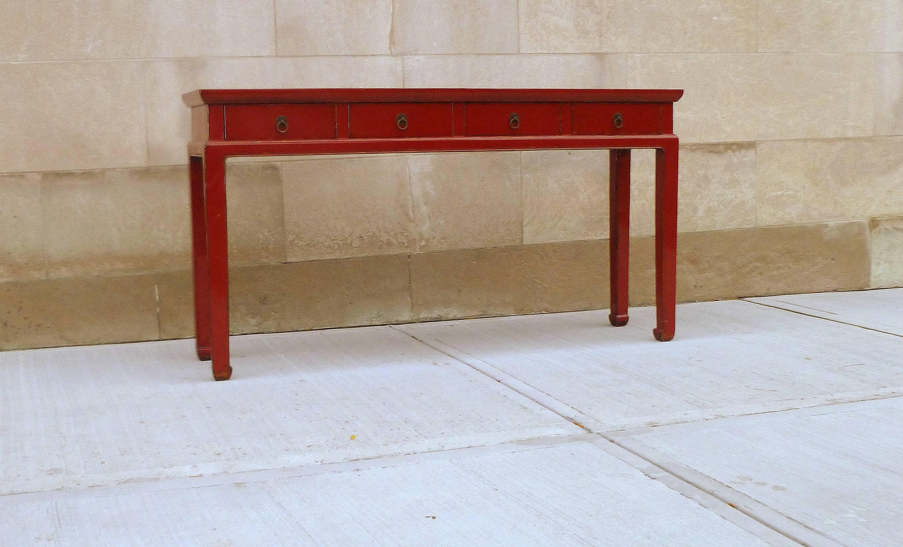 Polished Red Lacquer Console Table with Drawers