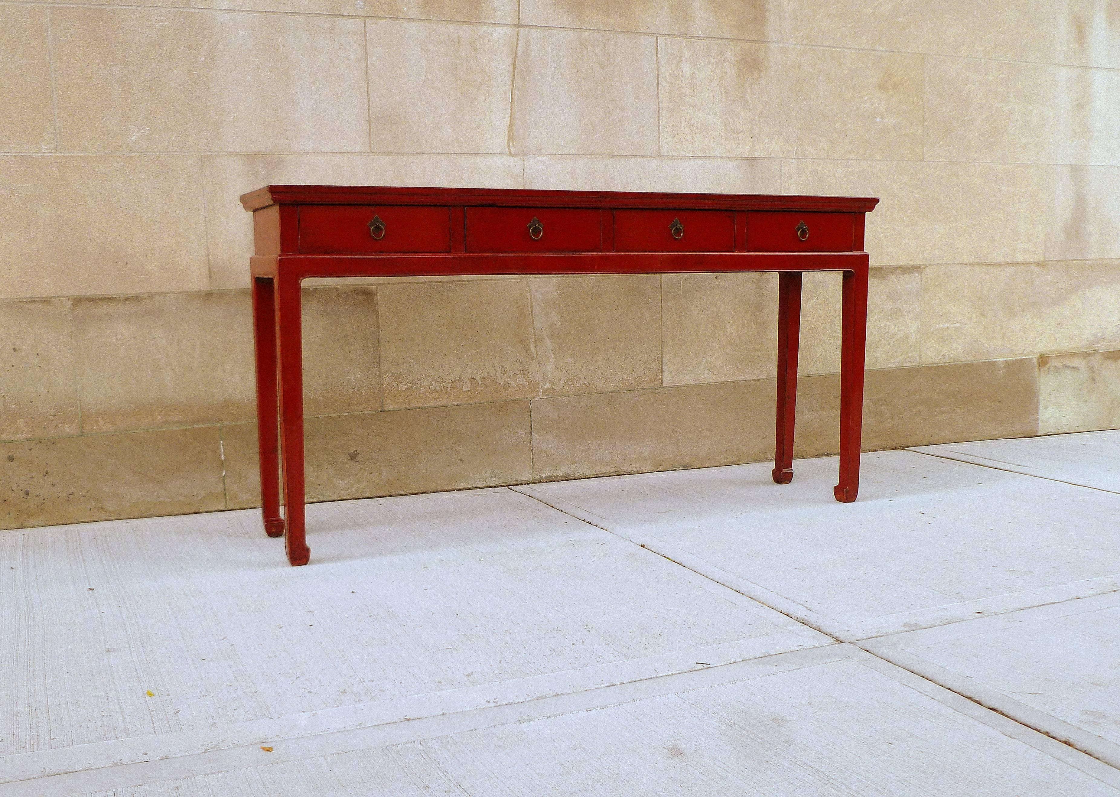 Red Lacquer Console Table with Drawers In Excellent Condition In Greenwich, CT