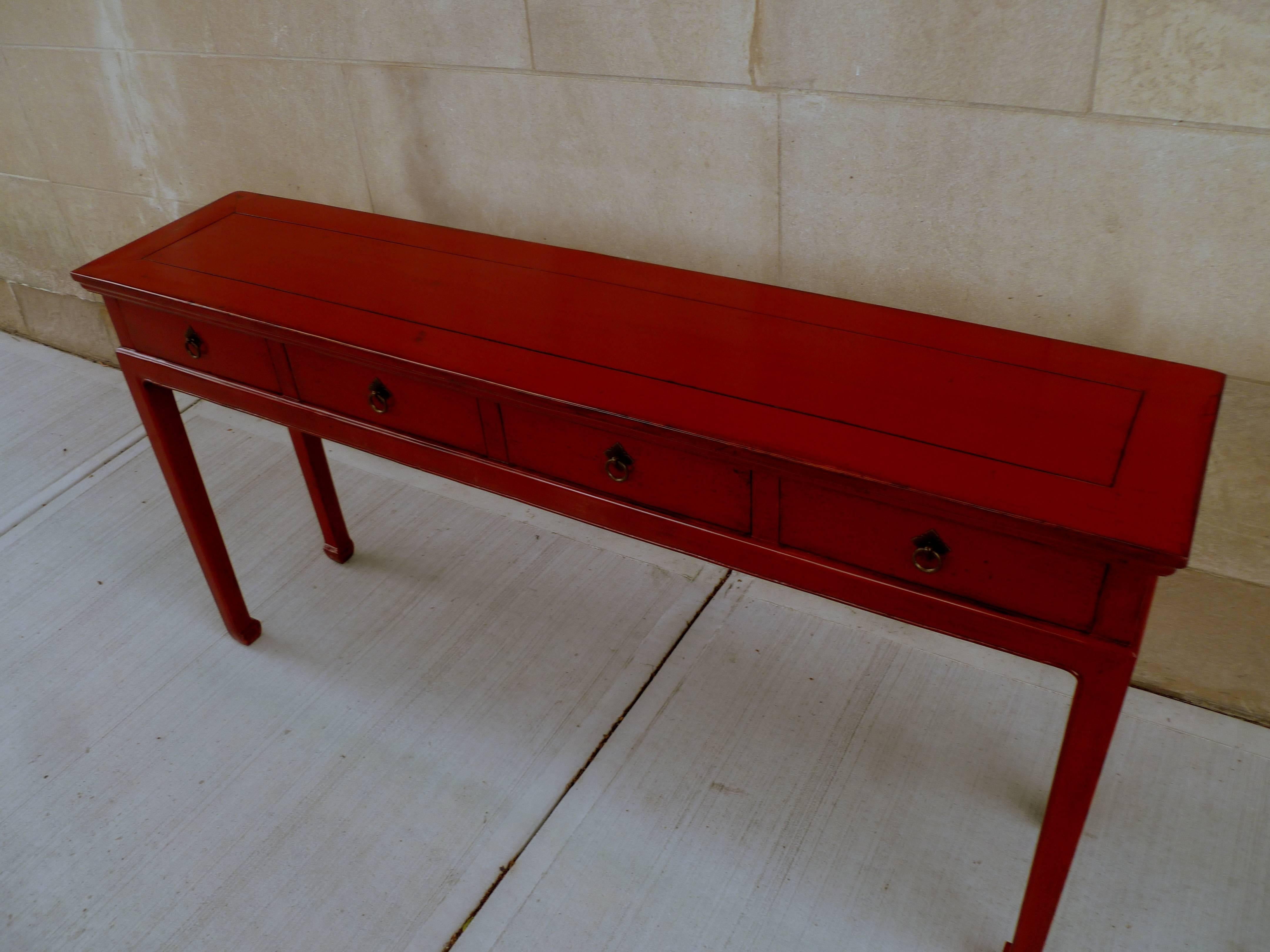 Red Lacquer Console Table with Drawers 1
