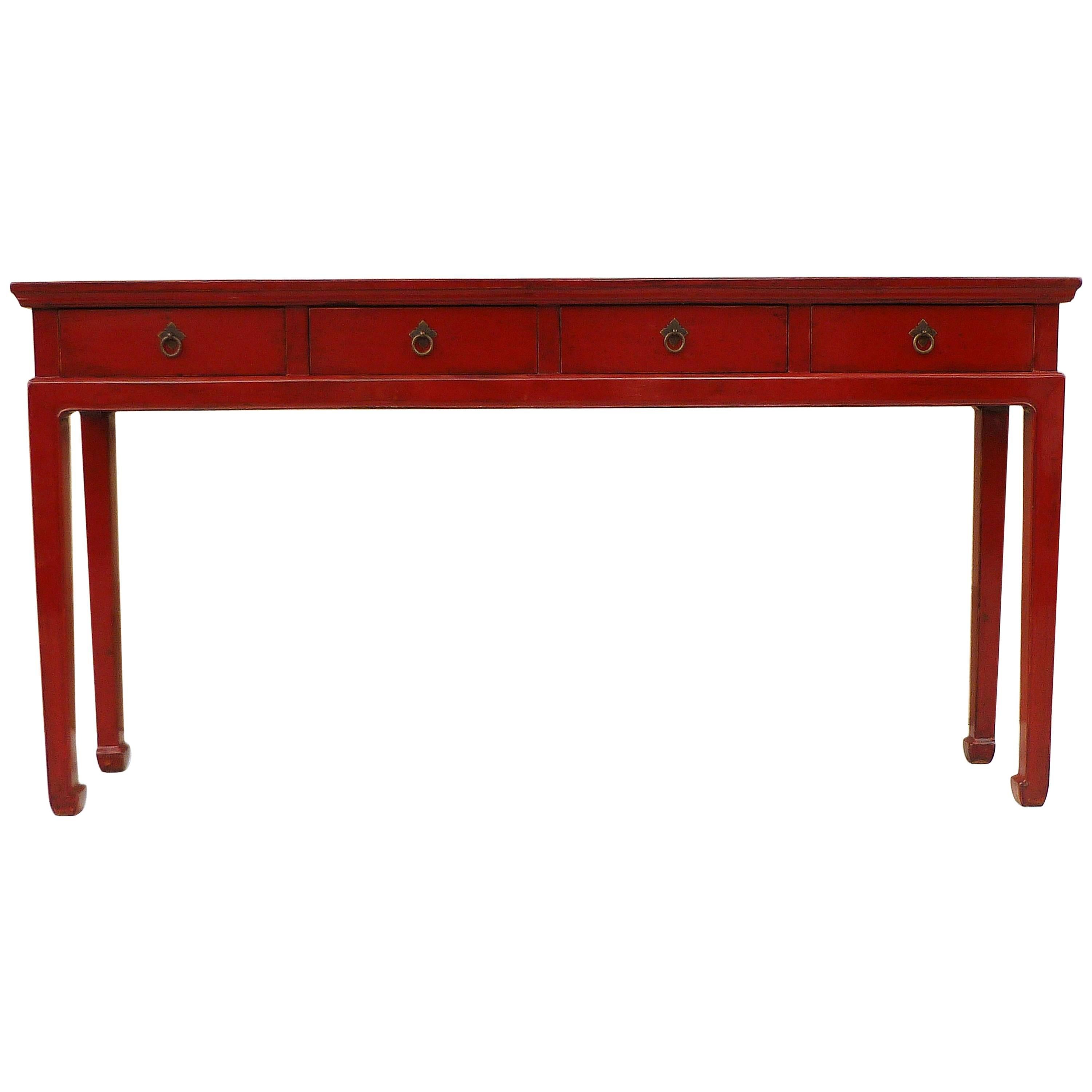 Red Lacquer Console Table with Drawers