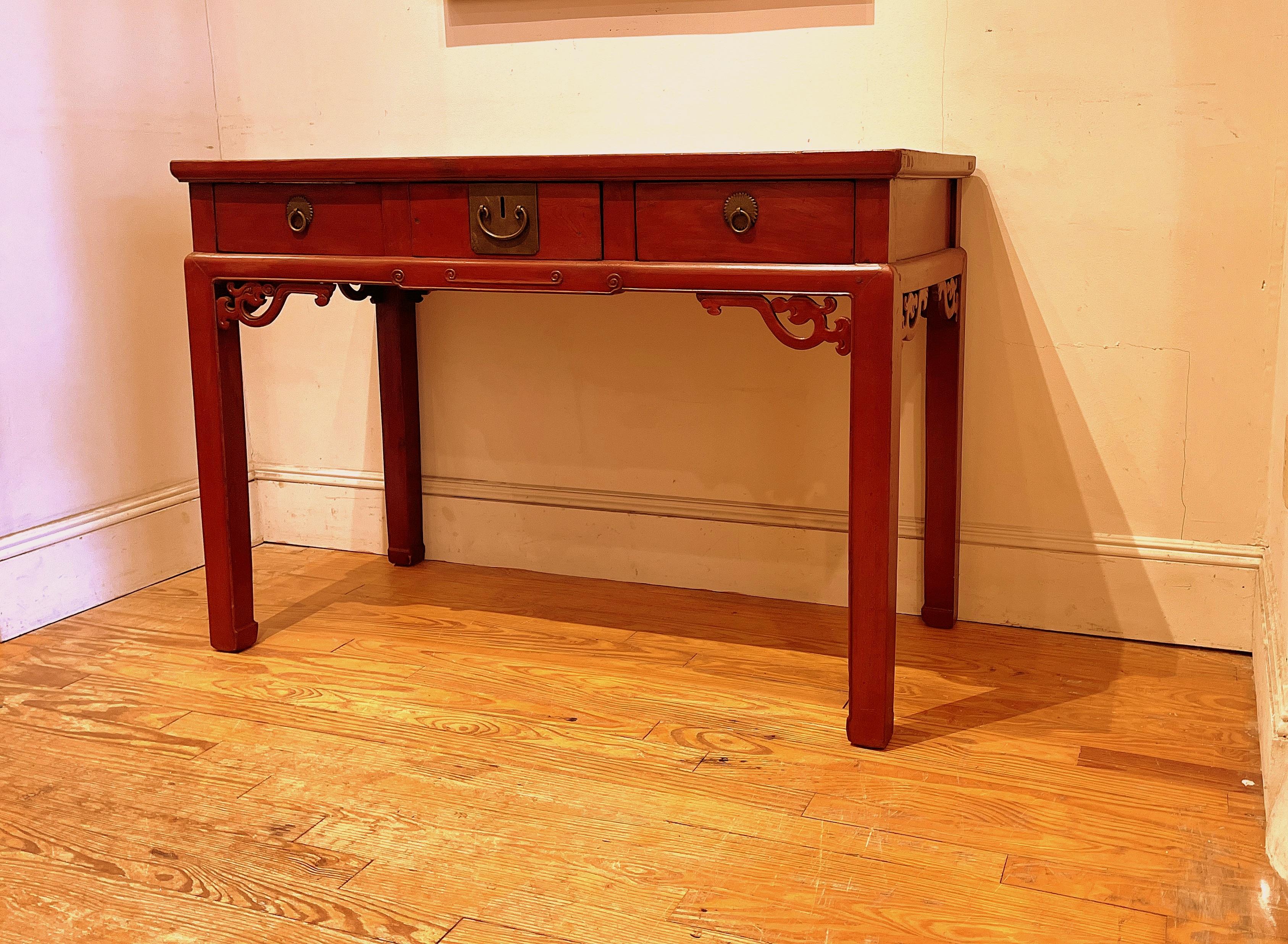 Polished Red Lacquer Desk For Sale