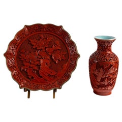 Red Lacquer Dish and Vase, China, Mid 20th Century.