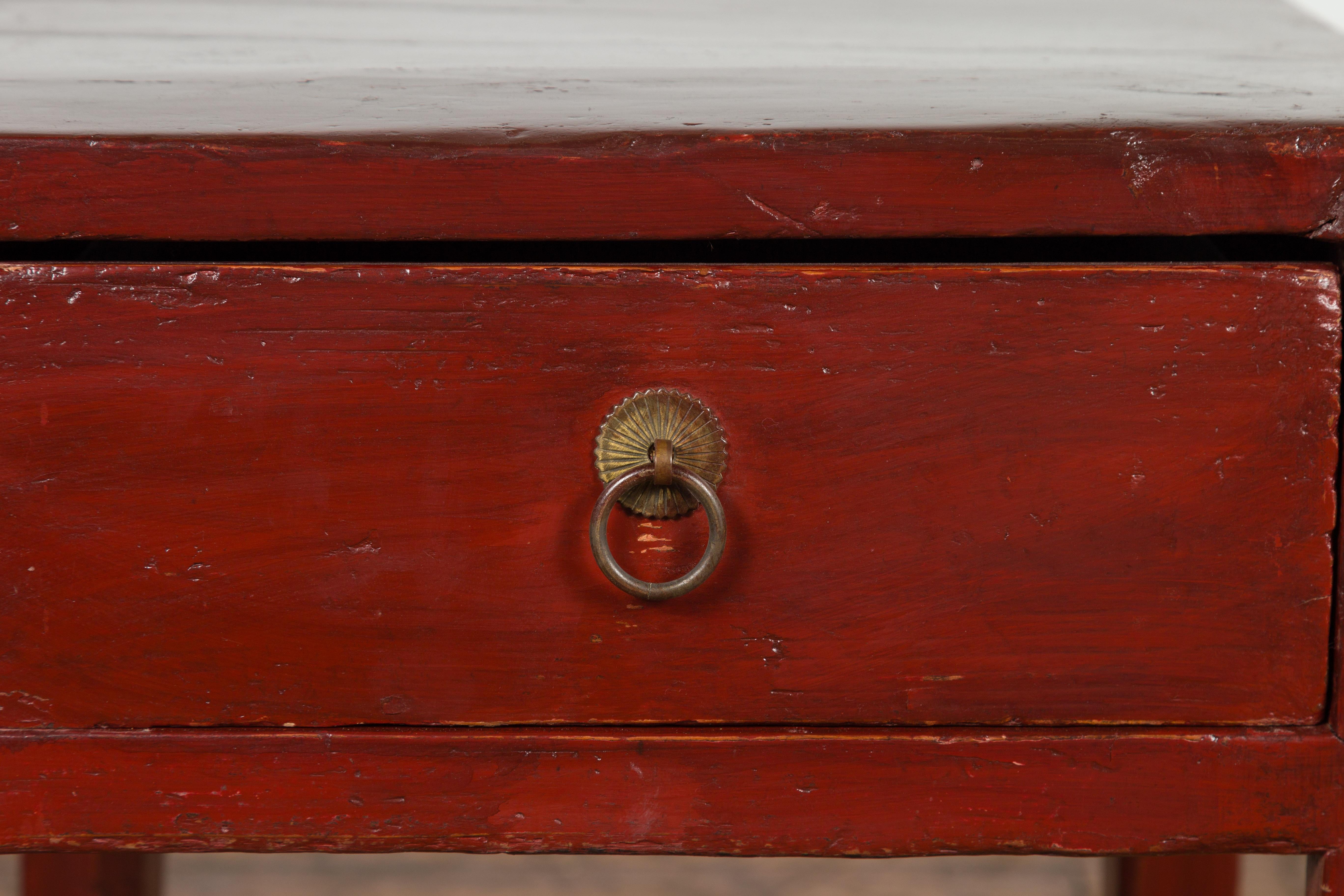 Red Lacquer End Table with Single Drawer and Horse Hoof Feet 3