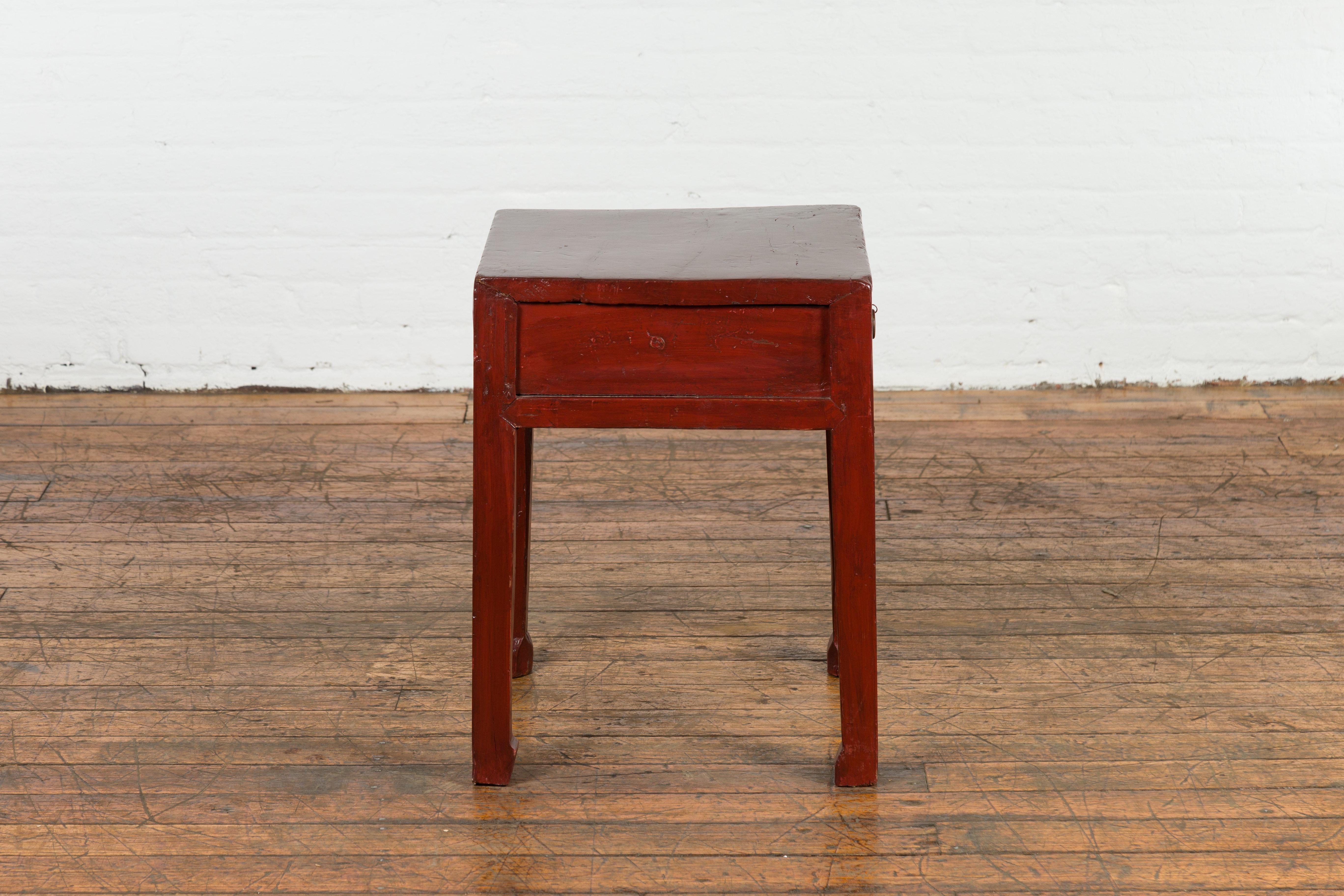 Red Lacquer End Table with Single Drawer and Horse Hoof Feet 4