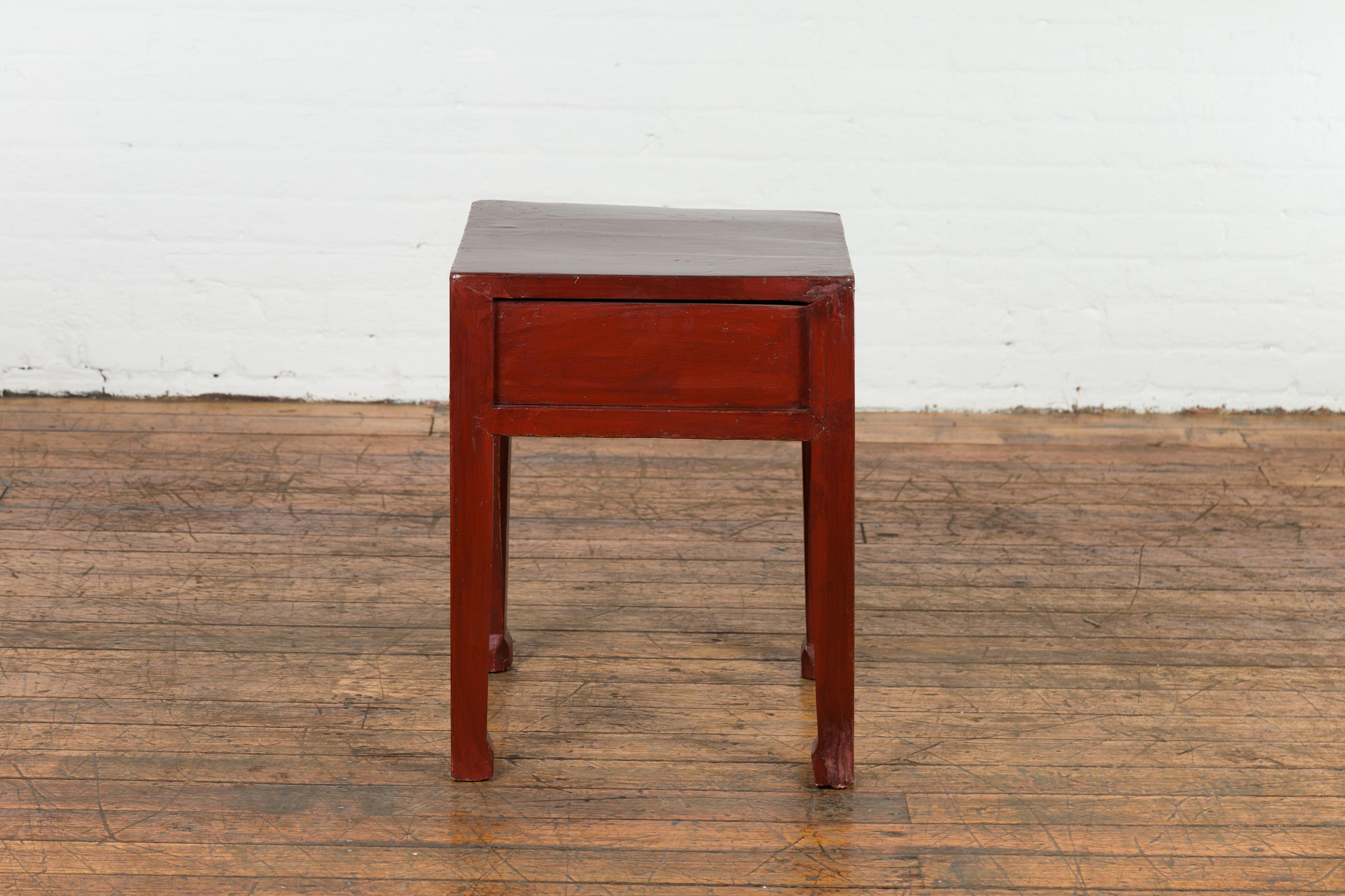Red Lacquer End Table with Single Drawer and Horse Hoof Feet 5