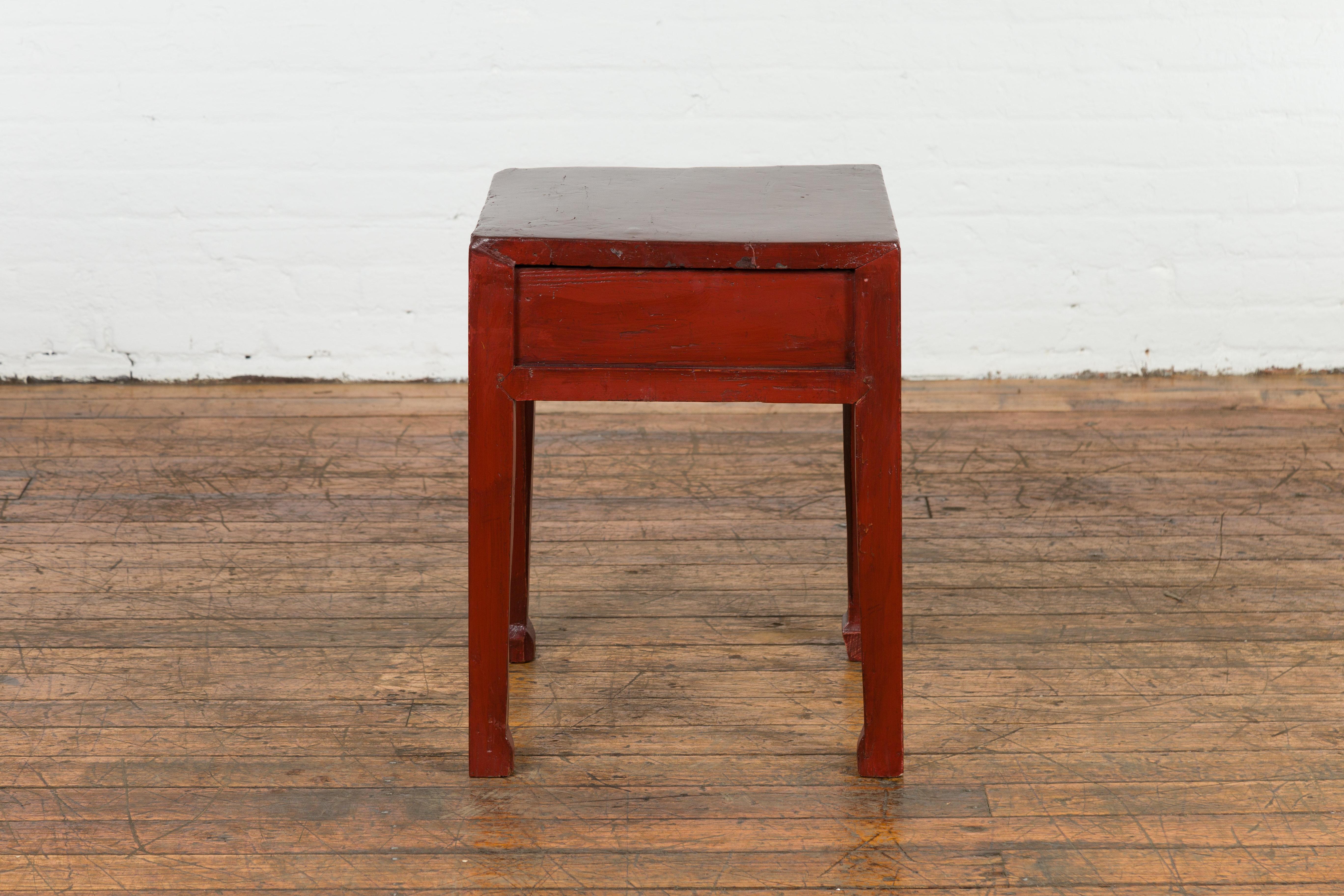 Red Lacquer End Table with Single Drawer and Horse Hoof Feet 6