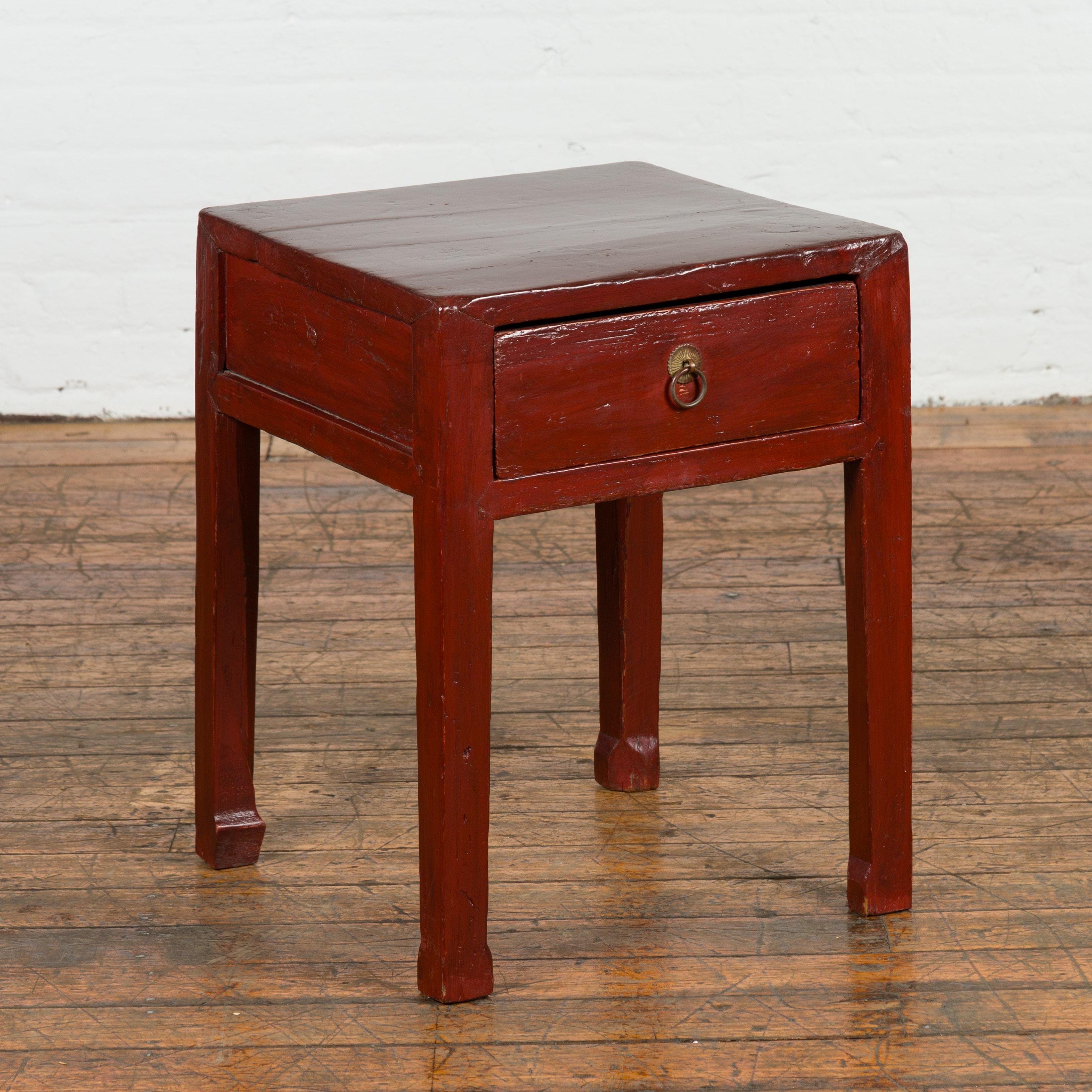 Qing Red Lacquer End Table with Single Drawer and Horse Hoof Feet