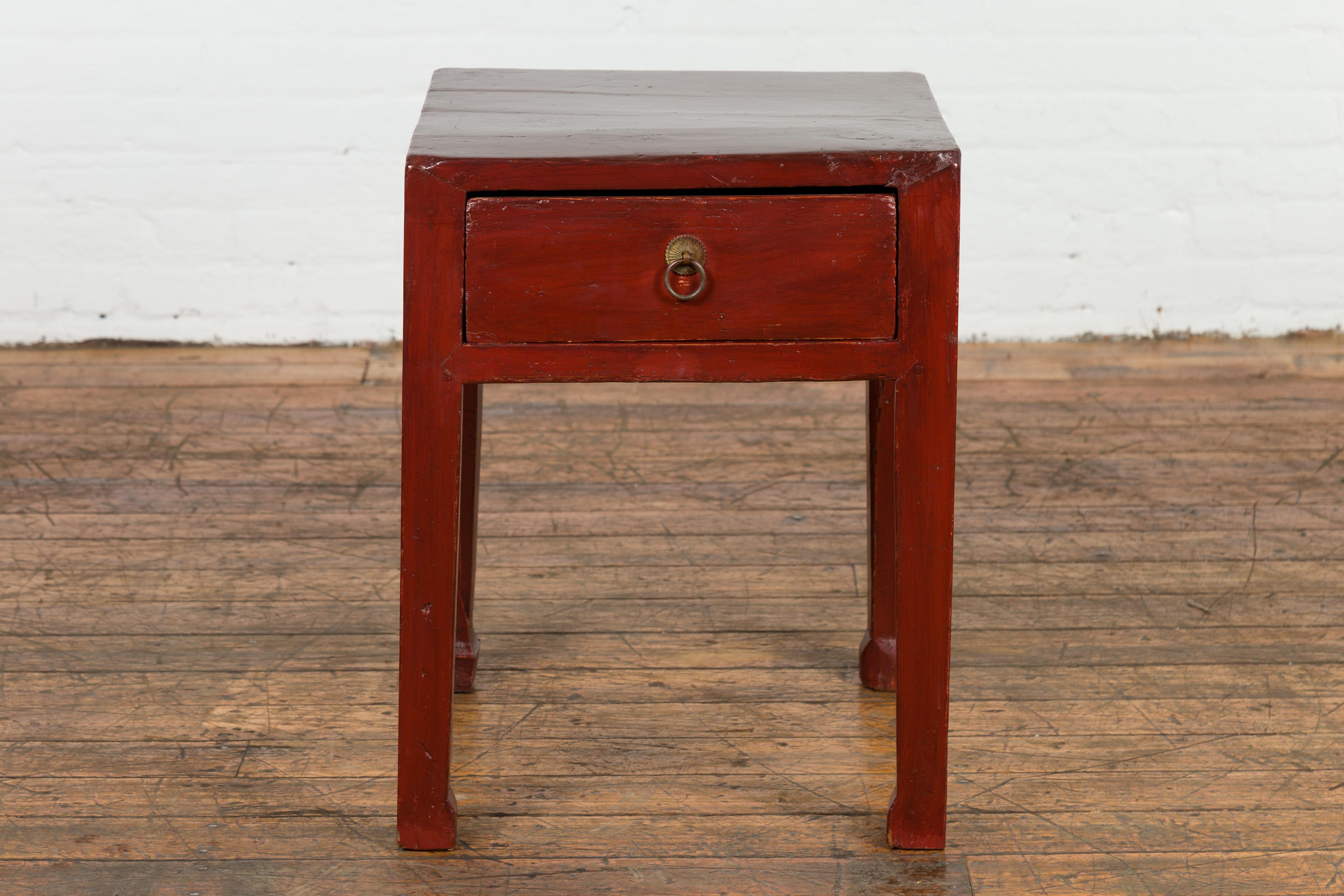 Chinese Red Lacquer End Table with Single Drawer and Horse Hoof Feet